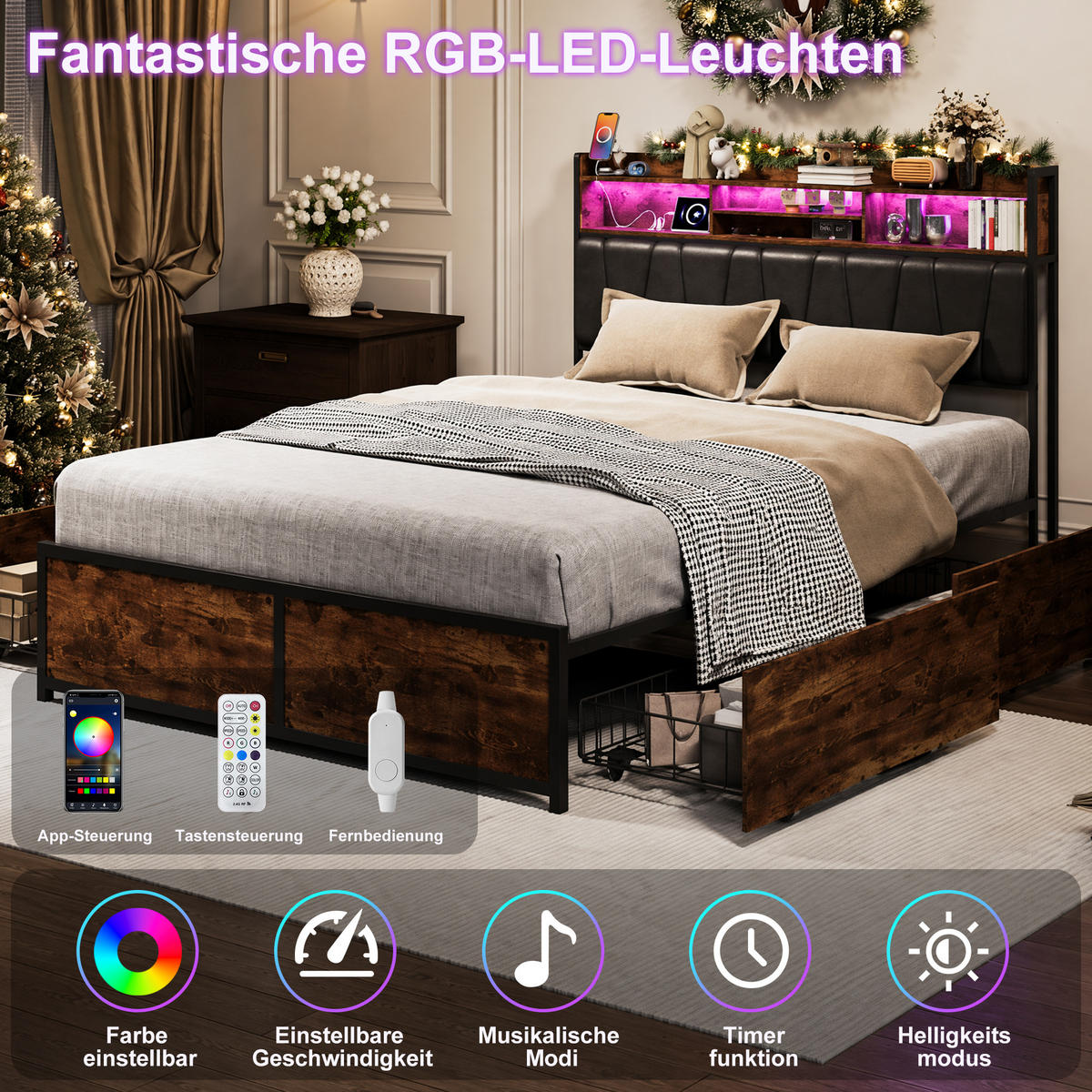 POLSTERBETT 140x200 cm, 4 Stauraumschubladen, LED-Leiste, Doppel-USB, in Braun - Braun, Holz (140/200cm) - BRILVERDE