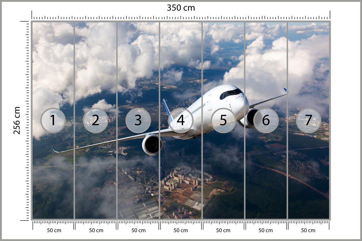 FOTOTAPETE für Jugendzimmer Flugzeug Start Wolken Himmel 350x256 - Blau/Beige, Papier (350/256cm) - Muralo