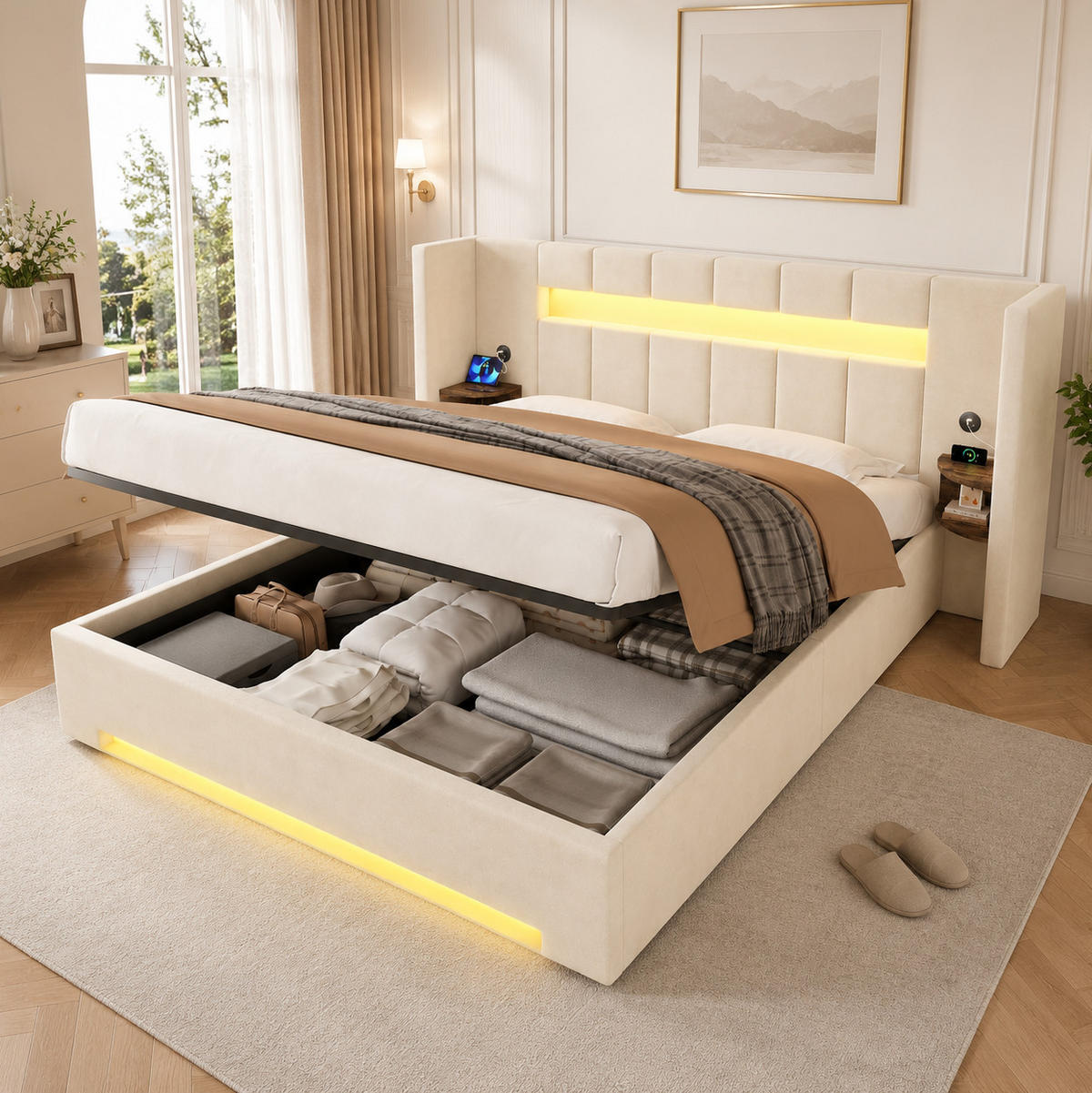 BETT mit USB, LED und Stauraum 180x200 cm Samt Beige - Beige, Metall (180/200cm) - Meubliv