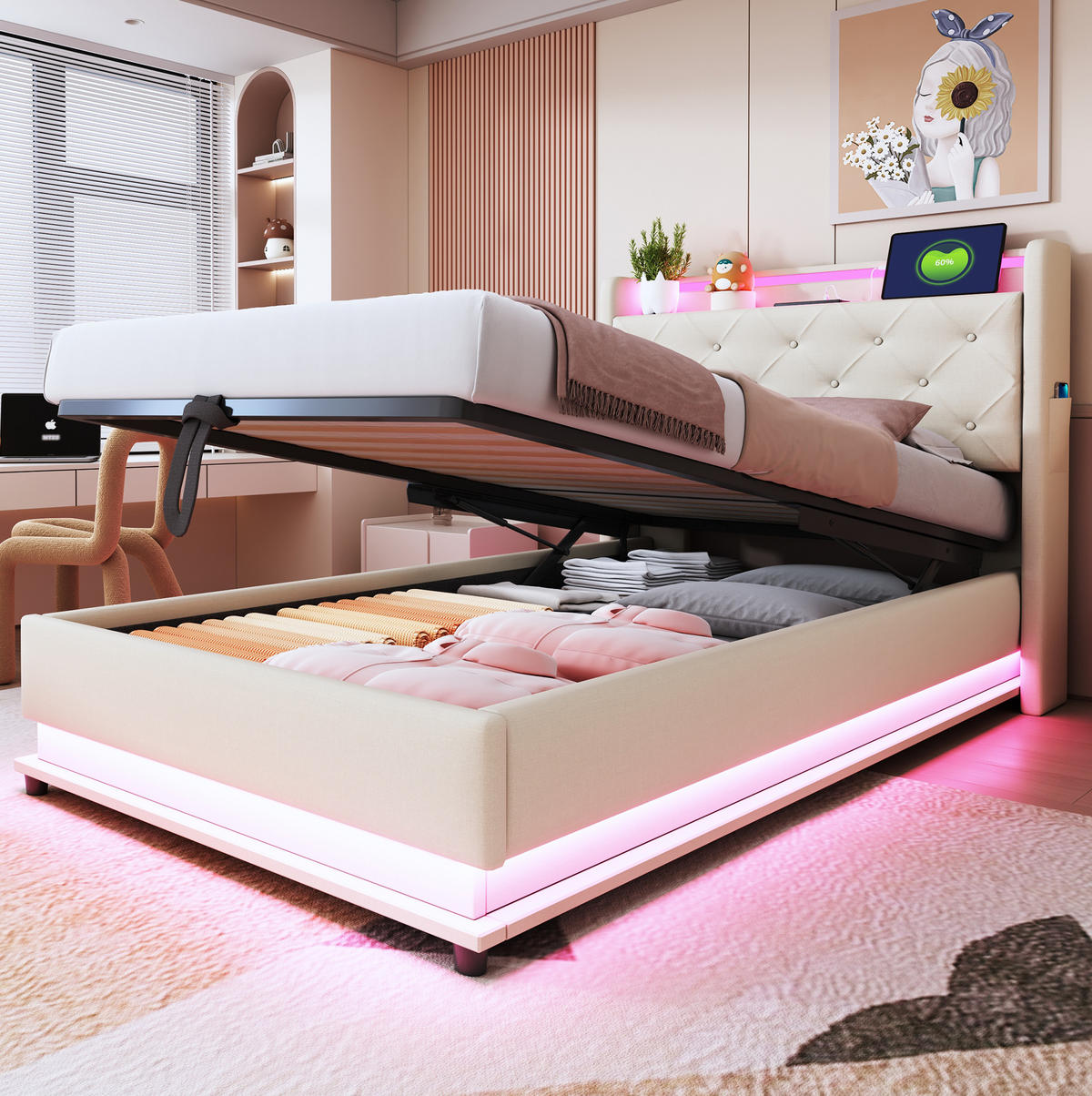 POLSTERBETT mit Stauraum, LED und USB 90x200 cm Beige - Beige, Metall (90/200cm) - Beauniv