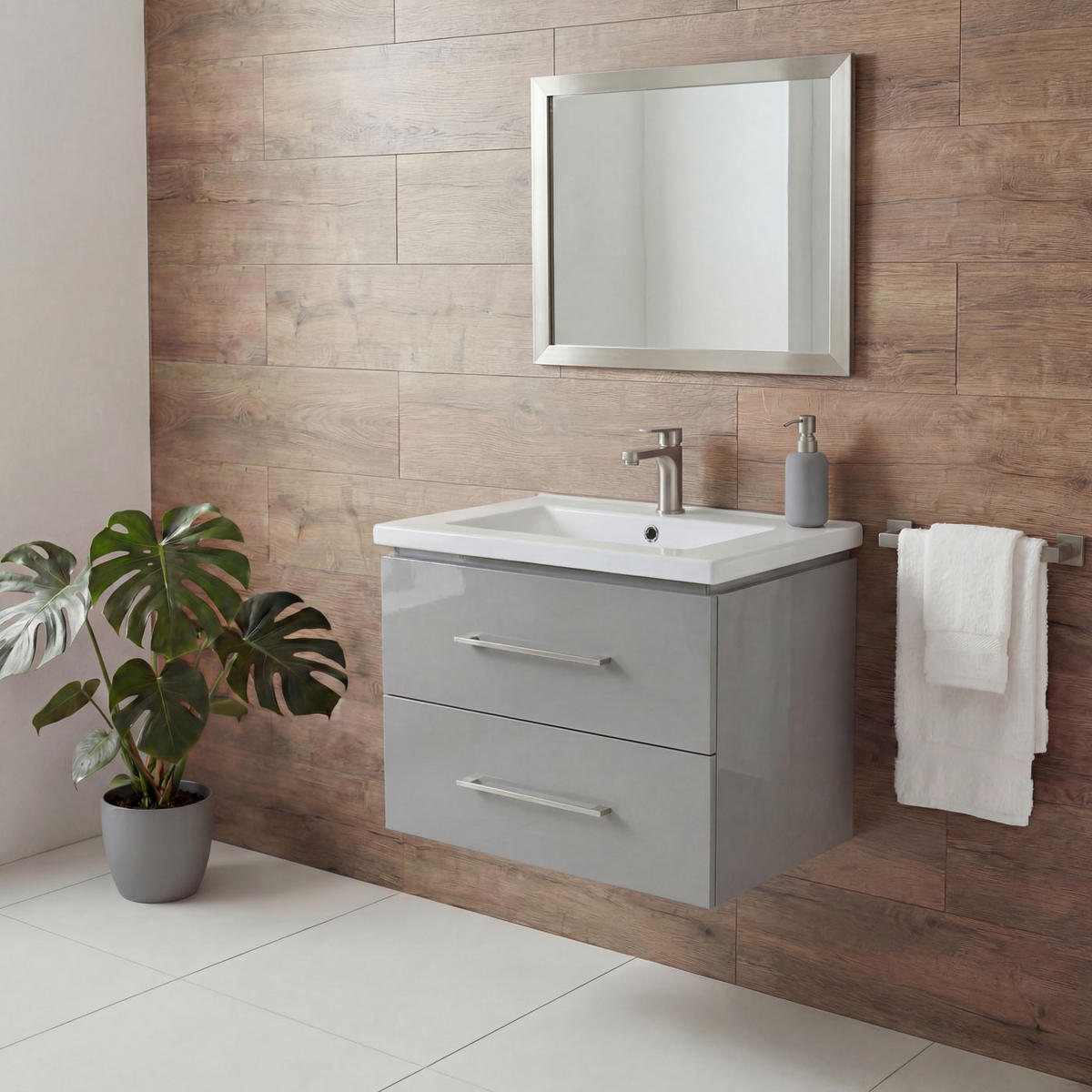 PREMIUM WASCHBECKEN+UNTERSCHRANK Hochglanz Hellgrau - Grau, Keramik (61/54/48cm) - MCW