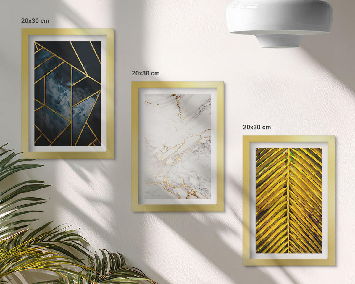 BILDER SET 3er Set - 20x30 cm Goldrahmen - Geometrische Muster und Vegetation - Goldfarben, Kunststoff (20/30cm) - TULUP