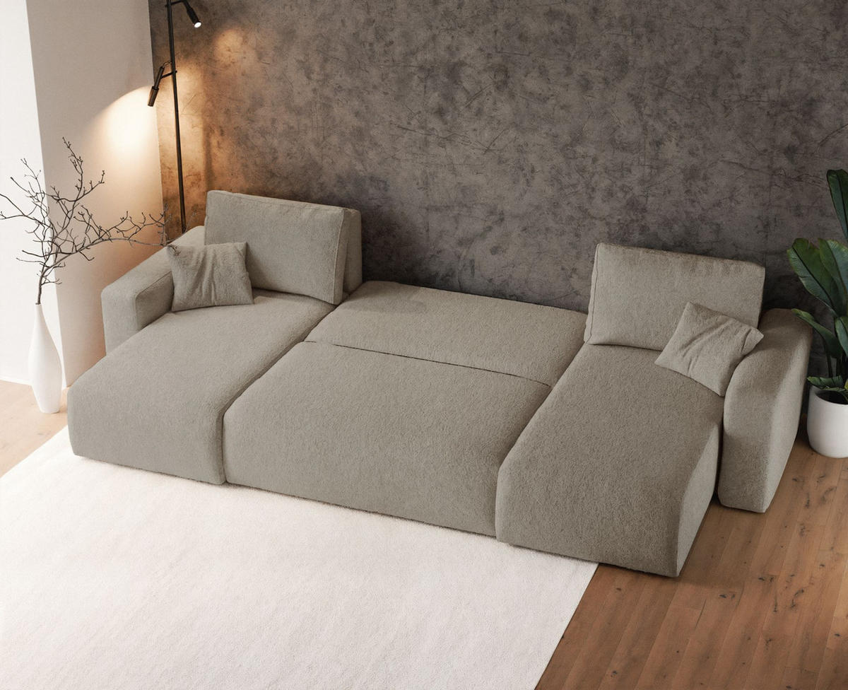 WOHNLANDSCHAFT Pianoni Hellbraun Bouclé-Bezug - Hellbraun/Schwarz, Kunststoff/Textil (312/83/140cm) - Selsey