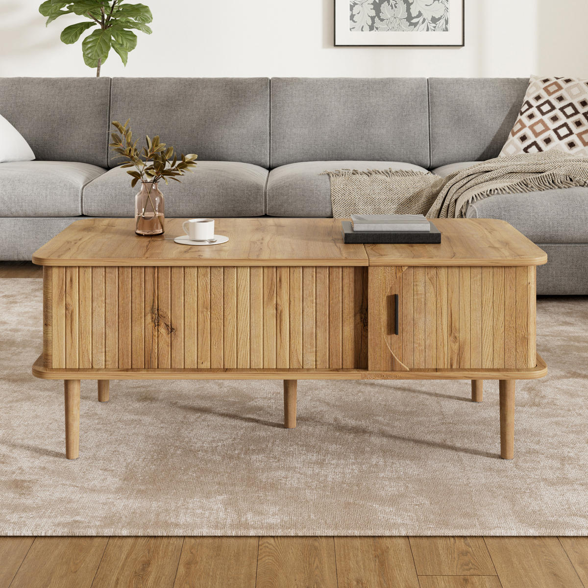 COUCHTISCH höhenverstellbar mit Schiebetür und Rillenoptik - Naturfarben, Holzwerkstoff (48/100/55.5cm) - FLIEKS