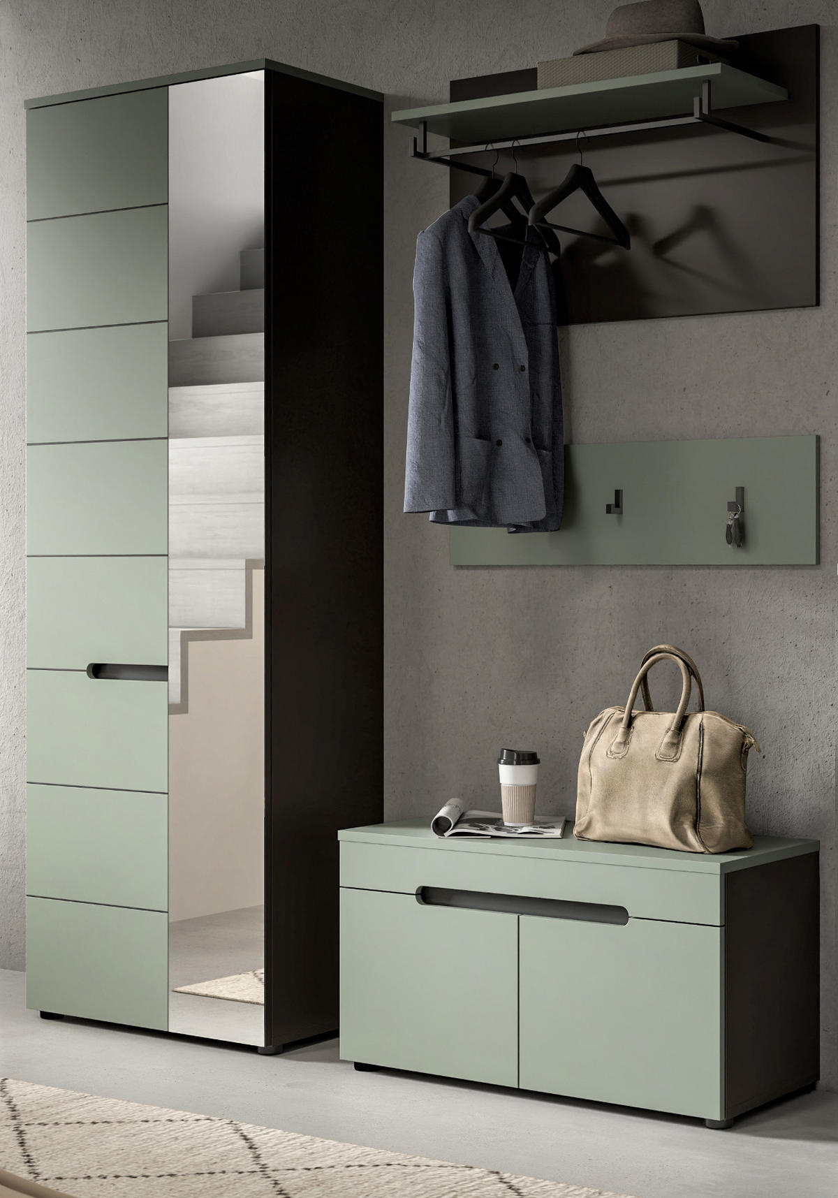 GARDEROBENSCHRANK Salbei grün und Basalt grau, Schuhschrank 65 x 190 cm, variable Inneneinteilung, Soft-Close, Cooper - Salbeigrün/Schwarz, Holzwerkstoff/Kunststoff (65/190/37cm) - Inn.Furn