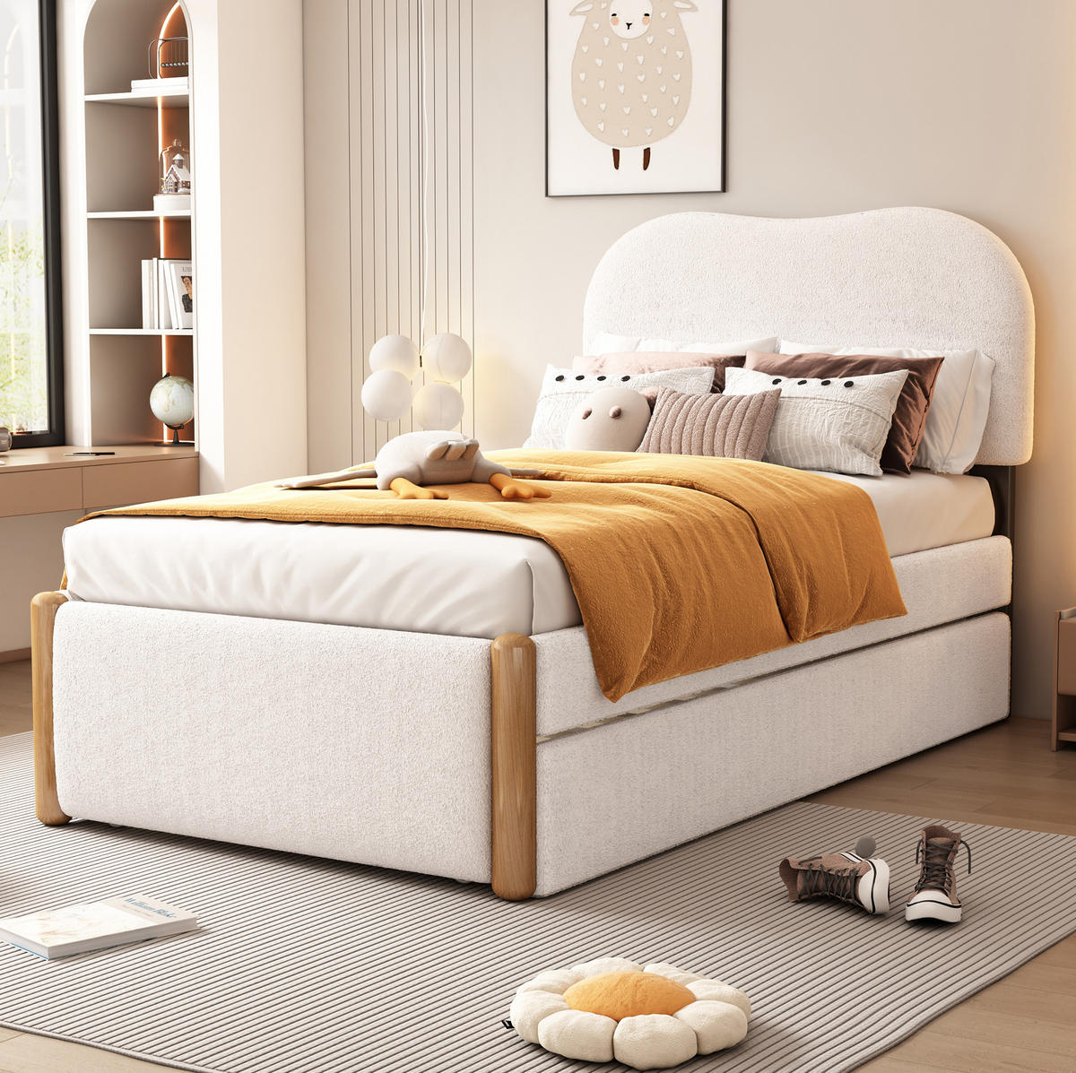 ČALÚNENÁ posteľ 90/200 cm biela z plyšu a MDF s výsuvným lôžkom - biela, textil (90/200cm) - OKWISH