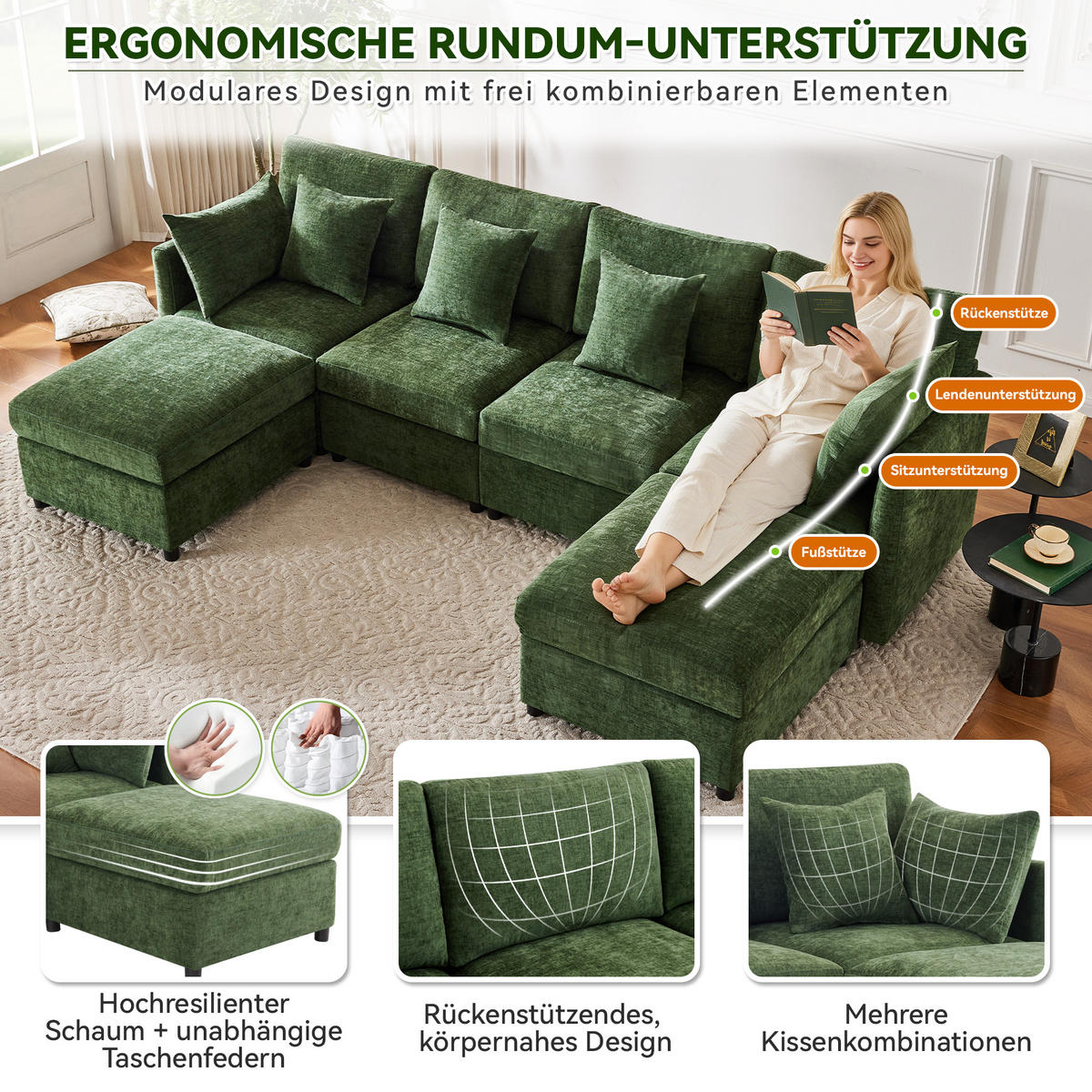 WOHNLANDSCHAFT 278/161/81 cm Green mit 2 Fußhocker - Grün, Textil (278/81/161cm) - Oxeza