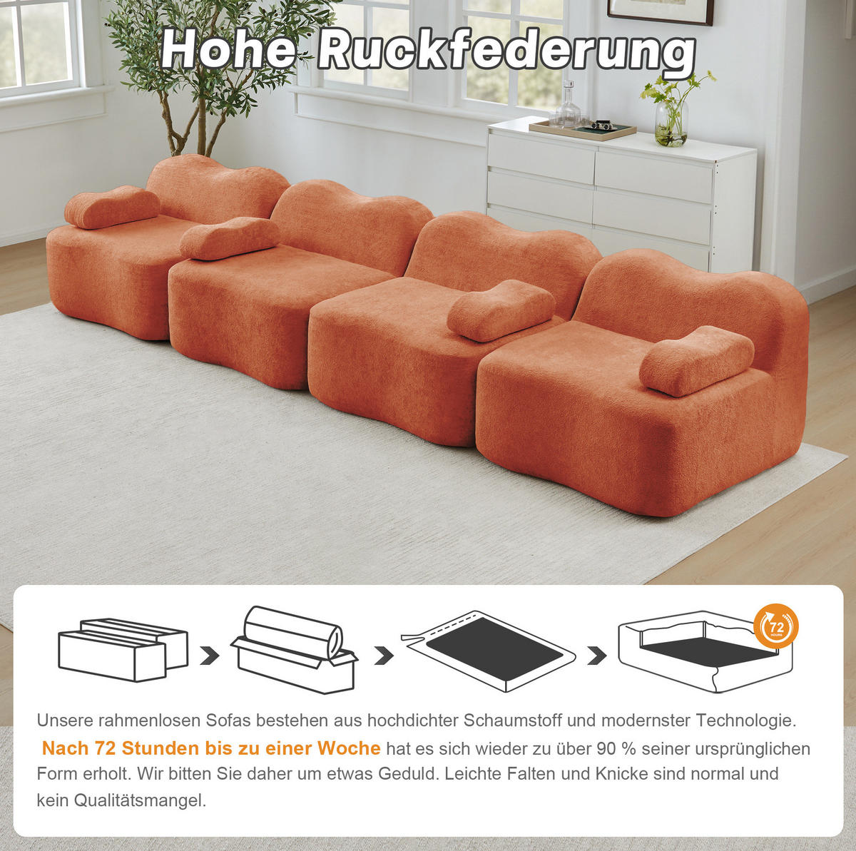 SOFA in Orange aus Samt mit Wellenform und tiefem Sitzkomfort - Orange, Textil (98/70/384cm) - Flora Grace