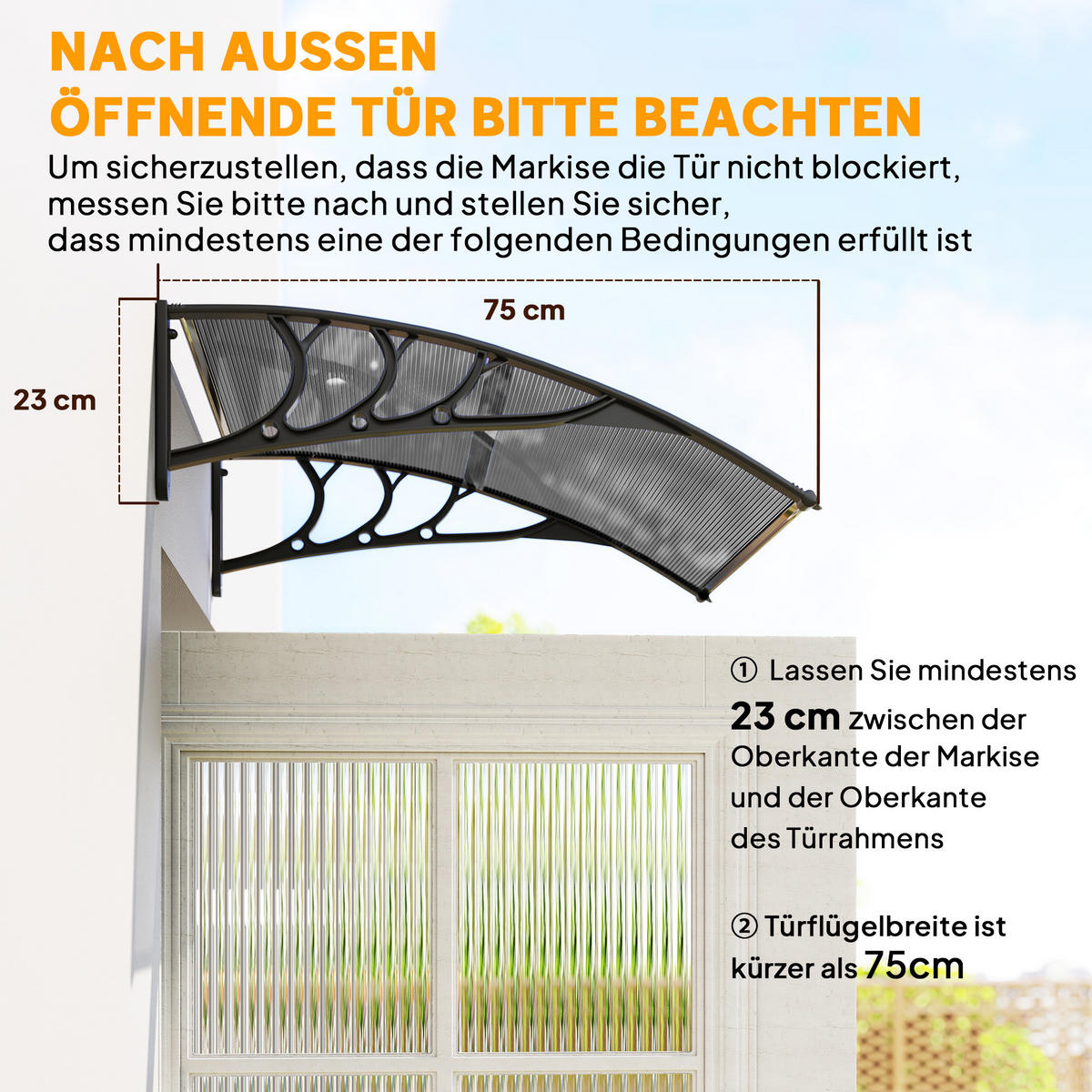 VORDACH-FÜR-HAUSTÜR Polycarbonat Schwarz - Schwarz, Kunststoff (75/23/100cm) - Outsunny