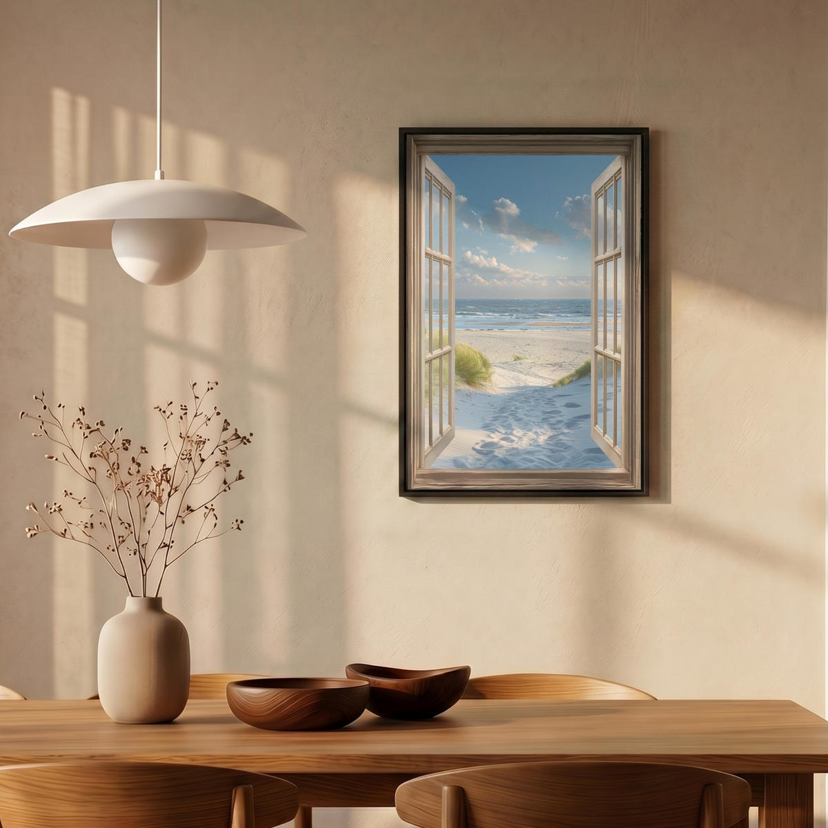 LEINWAND Bilder mit Rahmen - Aussicht - Strand - Fenster - Dünen - Meer - 40x60 - Hellblau, Textil (40/60cm) - MuchoWow