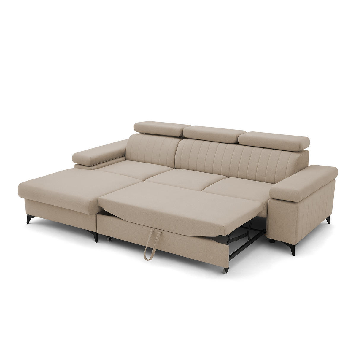 ECKSOFA FELIX L Links mit Schlaffunktion Velours Beige - Beige/Schwarz, Holz/Textil (257/176cm) - Muffo