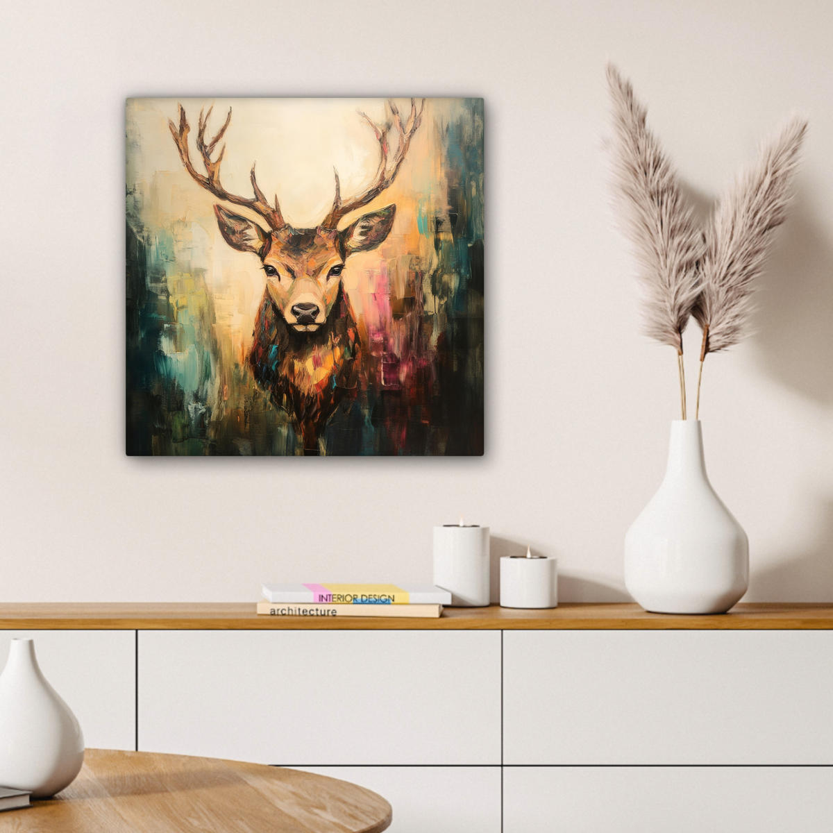 LEINWANDBILD Hirsch - Gemalt - Geweih - Braun 50x50 cm - Haselnussfarben, Textil (50/50cm) - MuchoWow