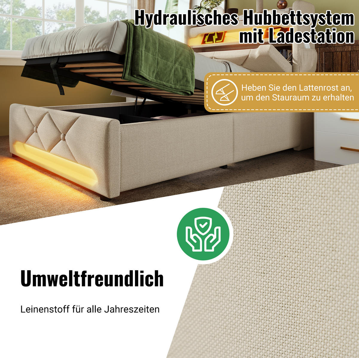 POLSTERBETT aus Leinen 90x200 cm in Beige mit LED & USB/Typ-C - Beige, Textil (90/200cm) - Modfu