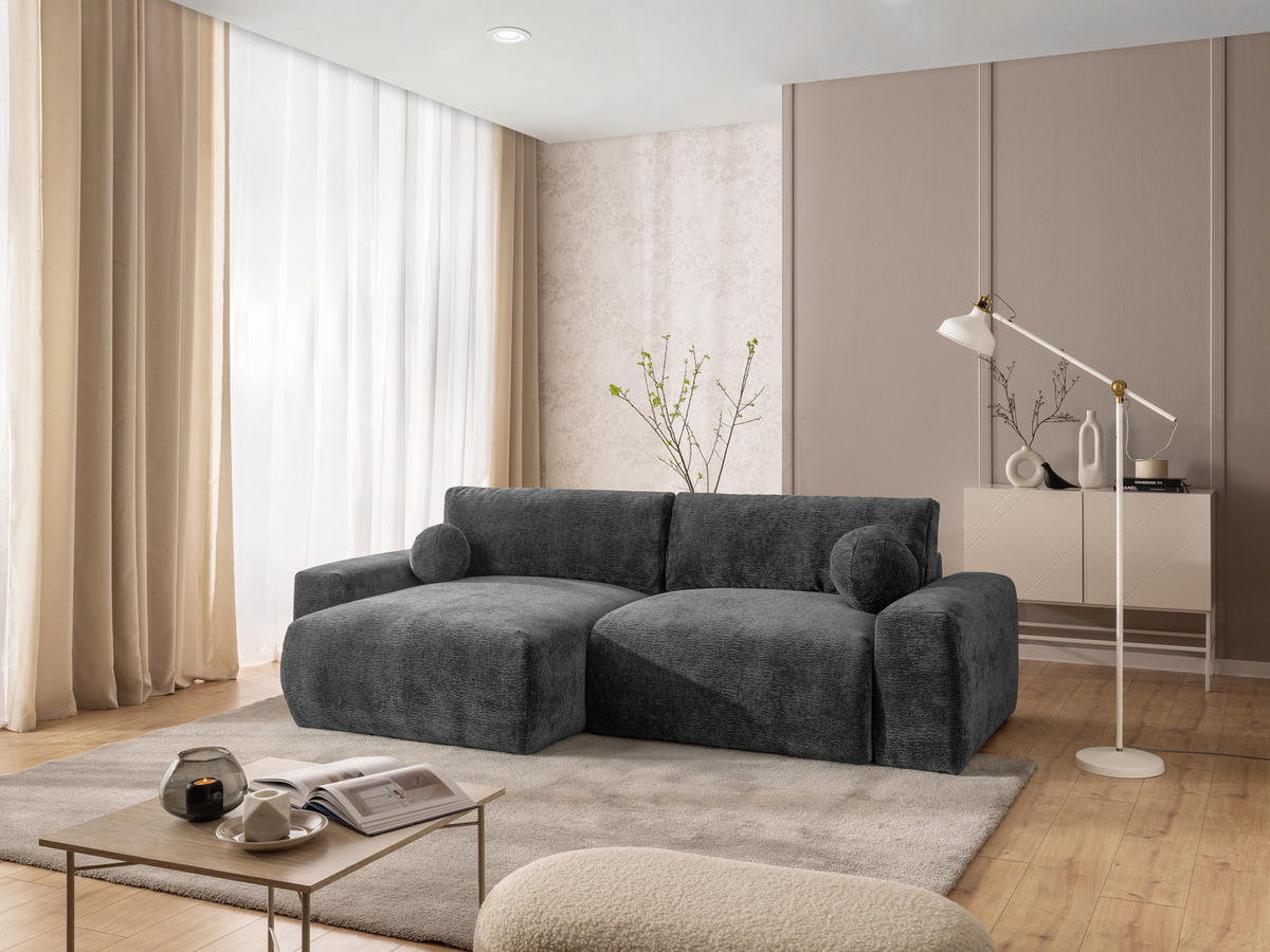 ECKSOFA Puffy mit Schlaffunktion und Bettkasten - besonders weich und puffig aus Dunkelgrau Stoff mit Chenillestruktur - Ottomane links - Dunkelgrau/Schwarz, Holz/Kunststoff (138/266cm) - S-Style Möbel