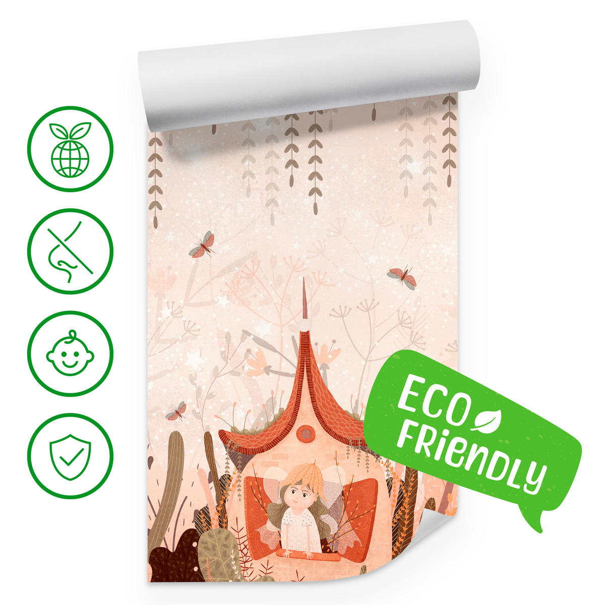 FOTOTAPETE für Kinderzimmer Feen Aquarell Wald Blumen Blätter Boho 150x105 - Beige/Orange, Papier (150/105cm) - Muralo