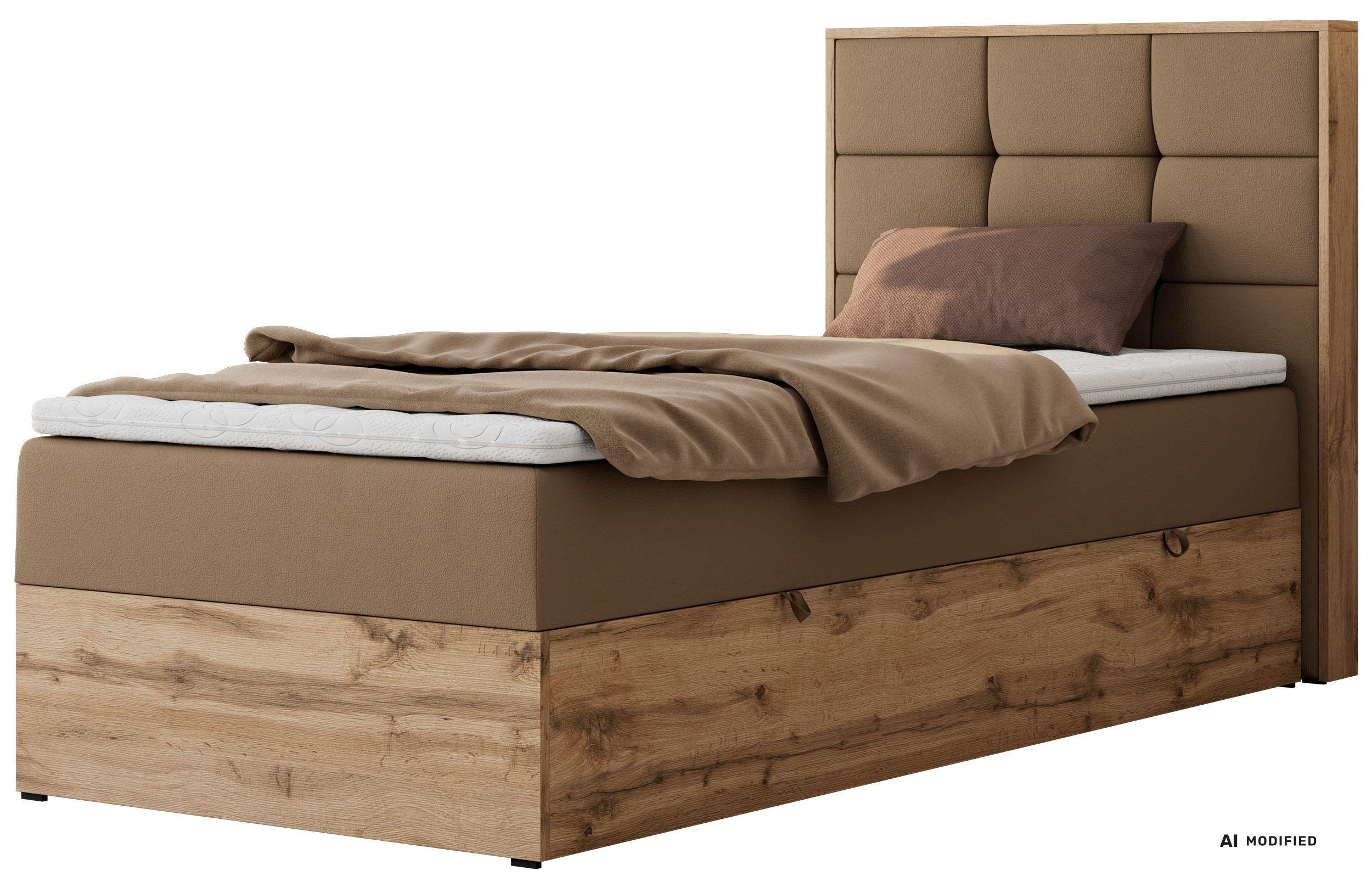 BOXBETT ALBERO 1 90/200 - Braun Kunstleder - Topper Visco - H3 - Rechts - Schwarz/Braun, Kunststoff/Textil (90/200cm) - MKS