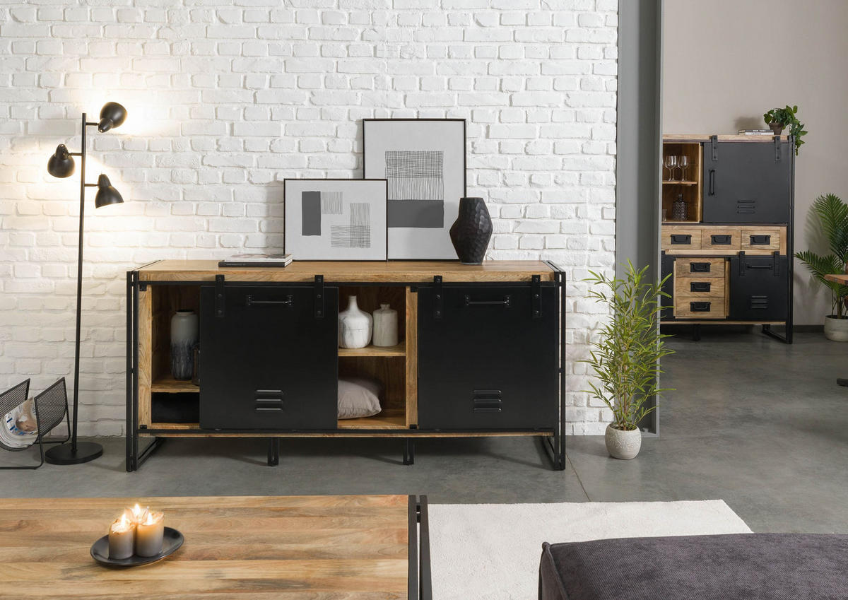 SIDEBOARD Mango 195x45x90 natur klar lackiert / Metall schwarz BLACKBURN #107 - Braun, Holz (195/90/45cm) - Massivmoebel24