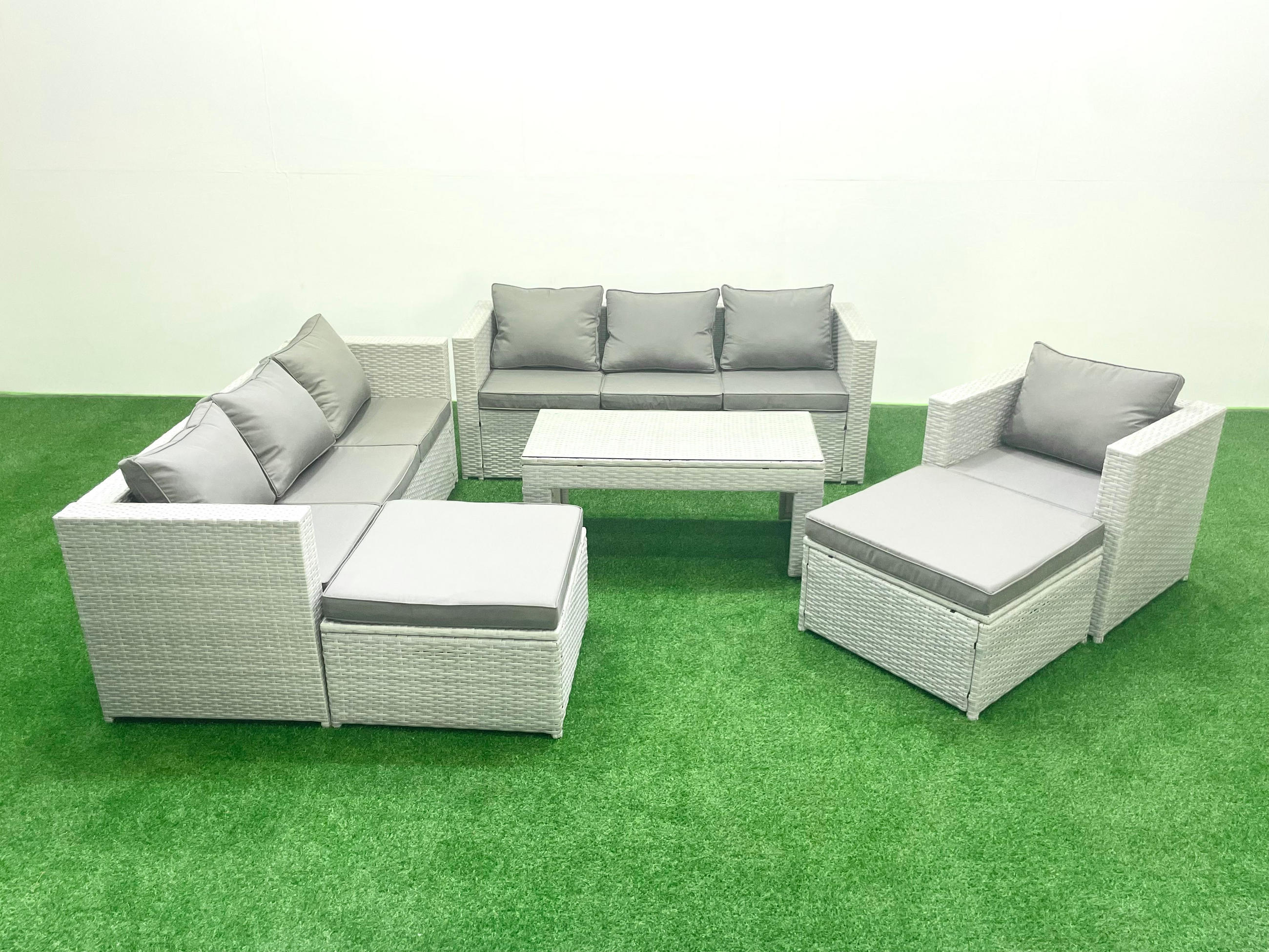 GARTENSOFA hohe Rückenlehne Polyrattan Hellgrau-Mix 9-Sitzer - Hellgrau/Grau, Glas/Kunststoff - Fimous