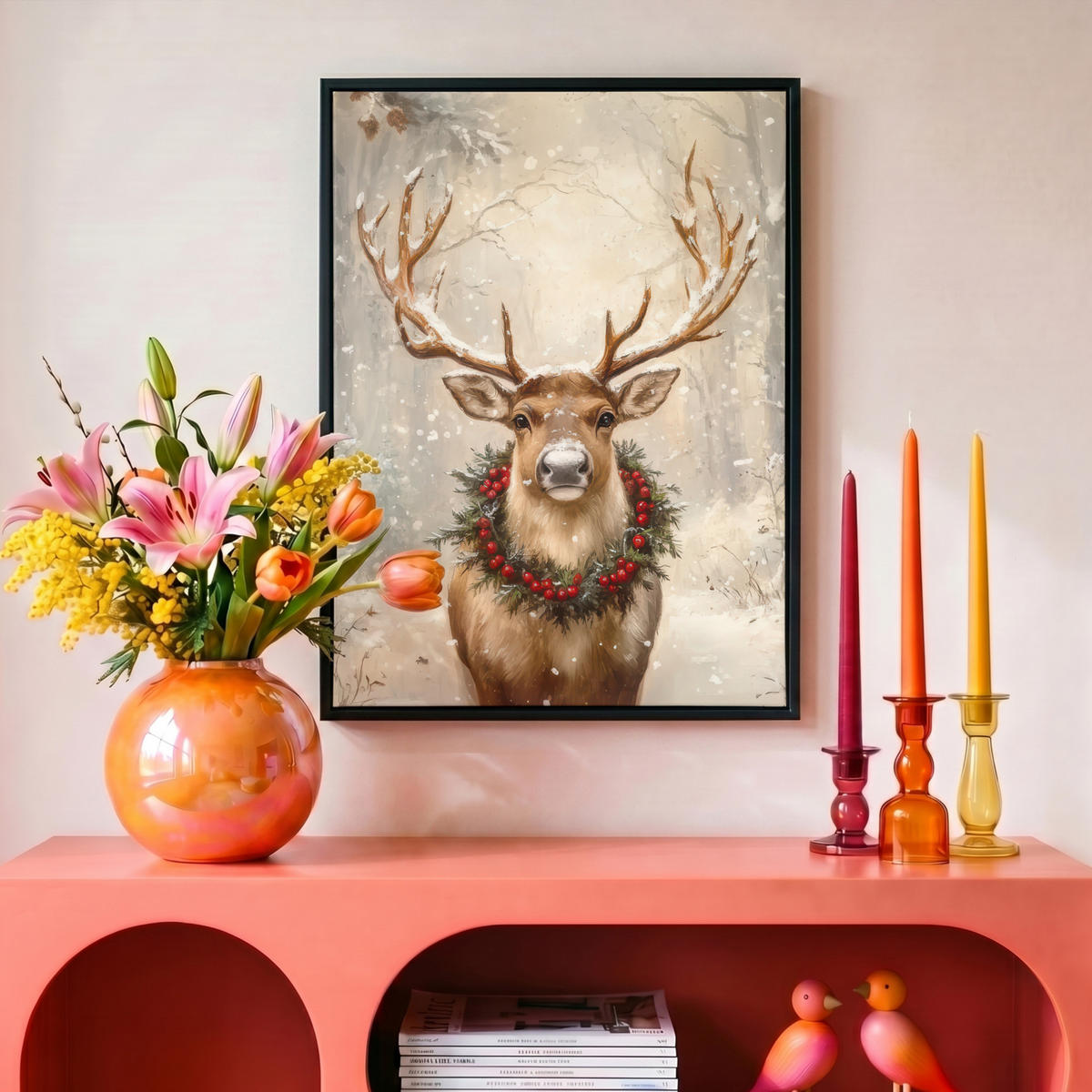 LEINWAND Bilder mit Rahmen - Weihnachten - Rentier - Winter - Kranz - 30x40 - Naturfarben, Textil (30/40cm) - MuchoWow