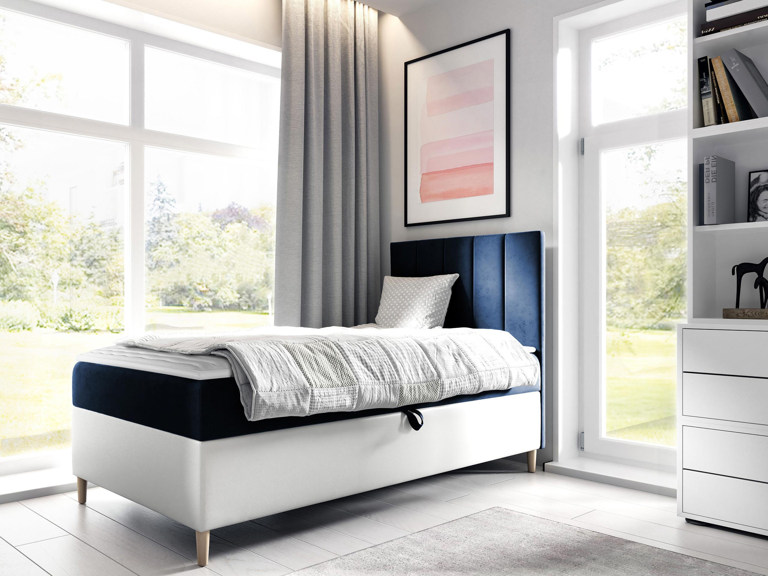 BOXBETT Maja Junior 1, Seite zum Öffnen des Bettkastens: Rechts - Blau/Weiß, Holz (90/200cm) - MIRJAN24