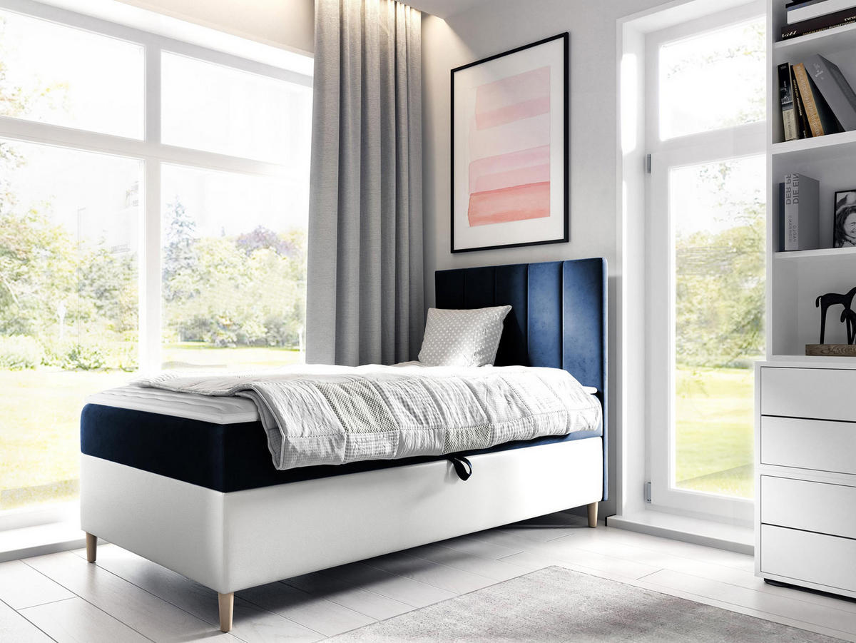 BOXBETT Maja Junior 1, Seite zum Öffnen des Bettkastens: Rechts - Blau/Weiß, Holz (100/200cm) - MIRJAN24