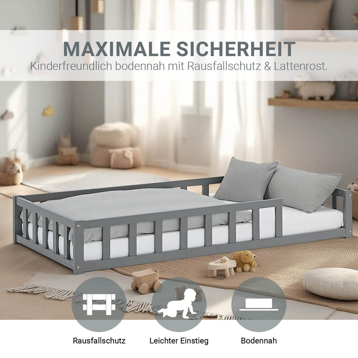 BODENBETT Grau 90x200 cm mit Lattenrost Kind - Grau, Holz (90/200cm) - Homestyle4u