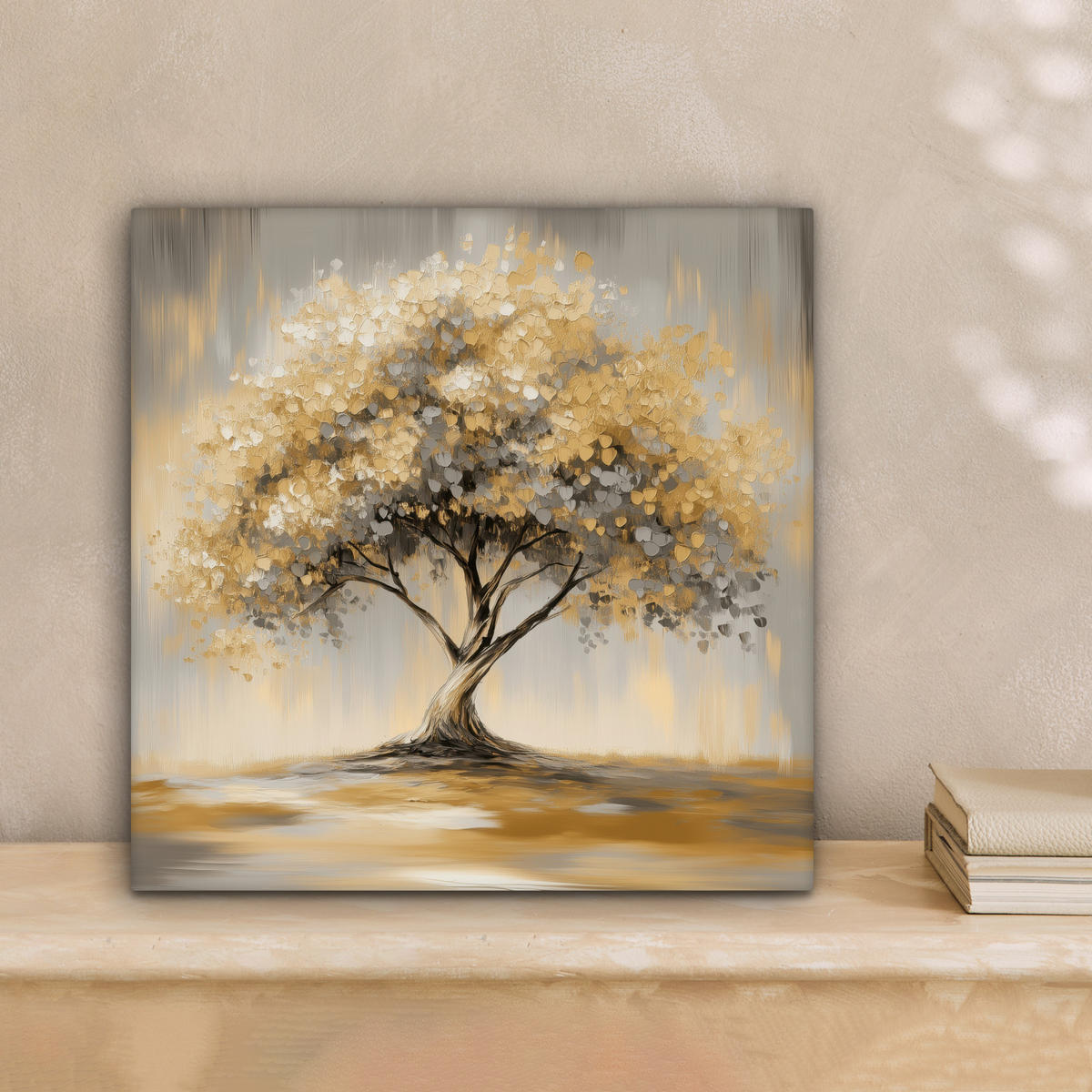 LEINWANDBILD Gemälde - Baum - Abstrakt - Blätter Deko Wohnzimmer 20x20 cm - Beige, Textil (20/20cm) - MuchoWow