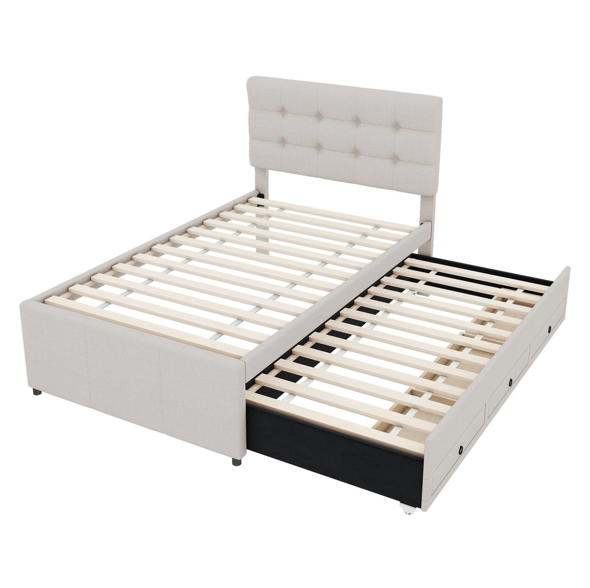 BETT mit Ausziehbett und 3 Schubladen 90x200 cm Leinen Beige - Beige, Holz (90/200cm) - Meubliv