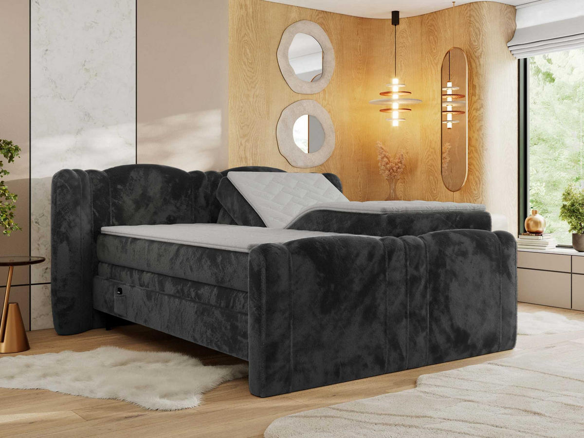 BOXBETT FORTINA 140/200 - Dunkelgrau Plüsch - H4 - Dunkelgrau, Holz/Textil (140/200cm) - MKS