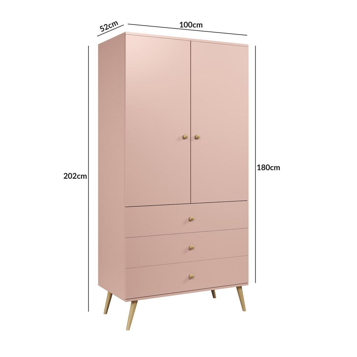 KLEIDERSCHRANK Ikon Rosa, zweitüriger Kleiderschrank mit Schubladen - Rosa, Holzwerkstoff (100/202/52cm) - Bettso