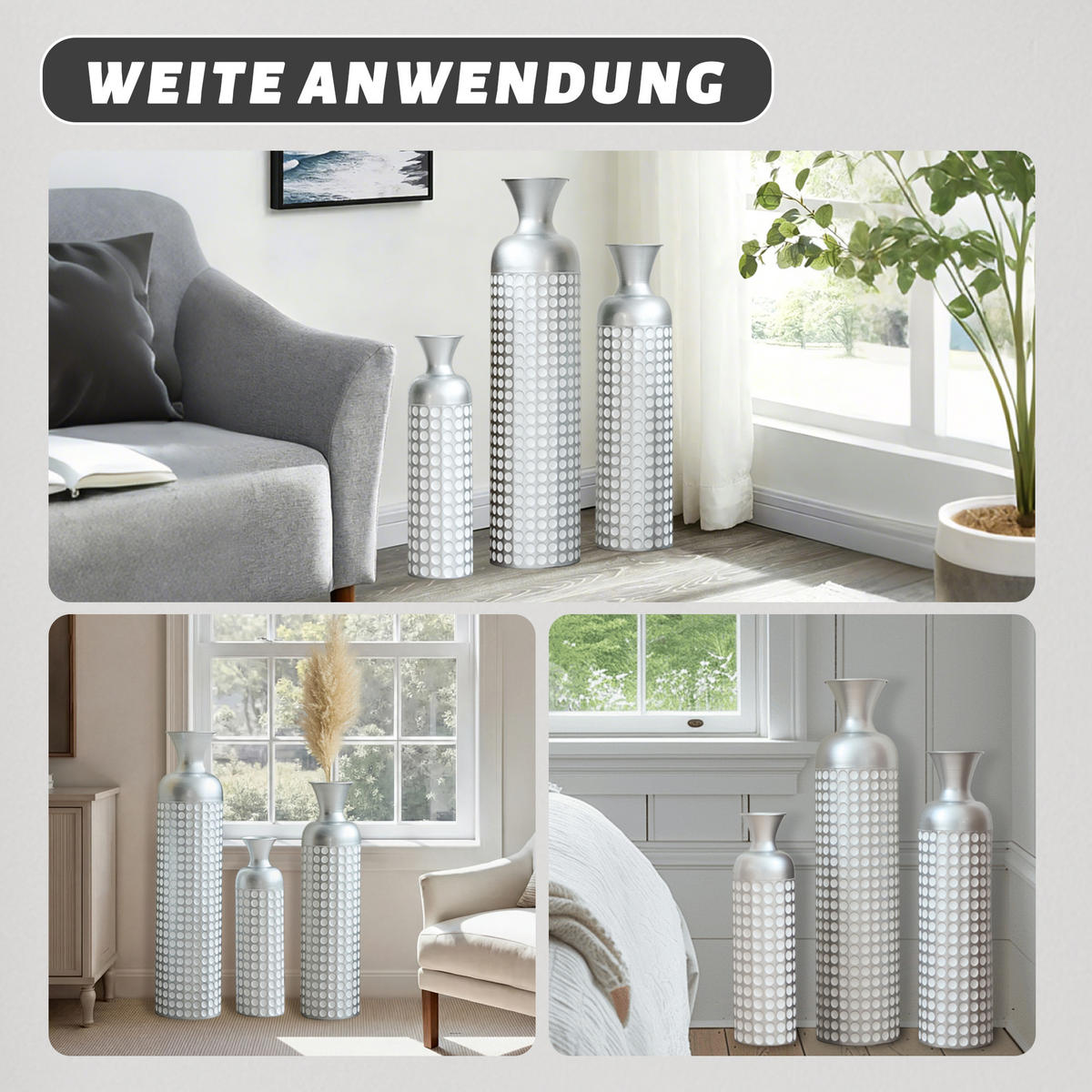 BODENVASE 3-tlg 49,5-84cm Metall-Bodenvase Silber Hochglanz Dekovase Punktmuster - Silberfarben, Metall (24.5cm) - Raelunyi