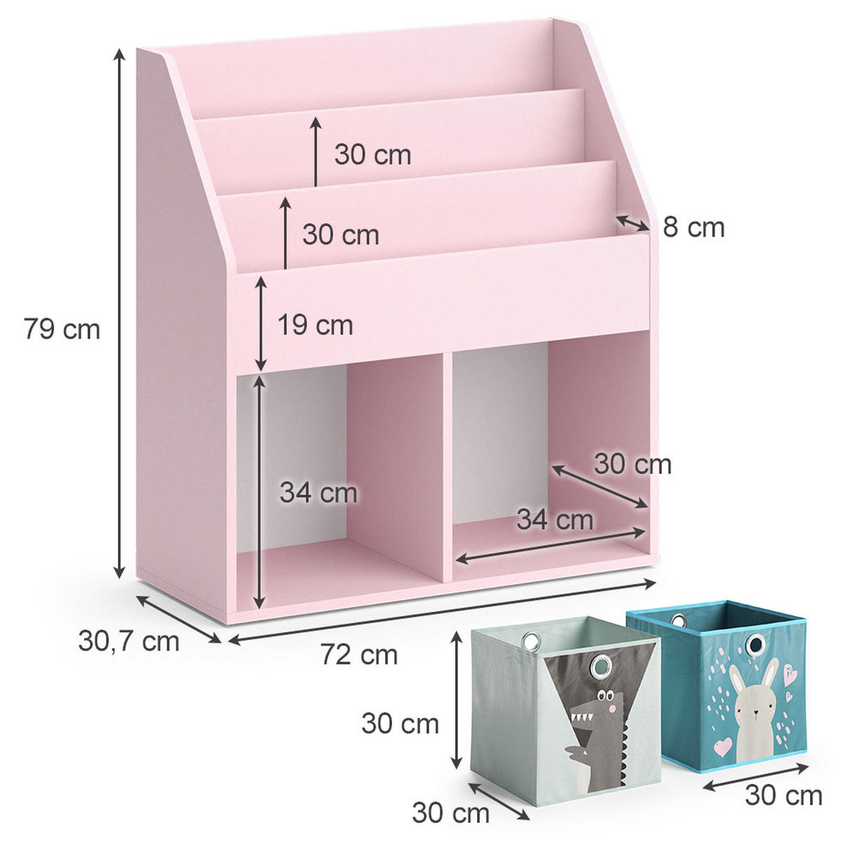 KINDERREGAL Luigi Rosa 72 x 79 cm mit 2 Faltboxen (Bär, Schaf) - Pink, Holzwerkstoff (72/79/30.7cm) - Vicco