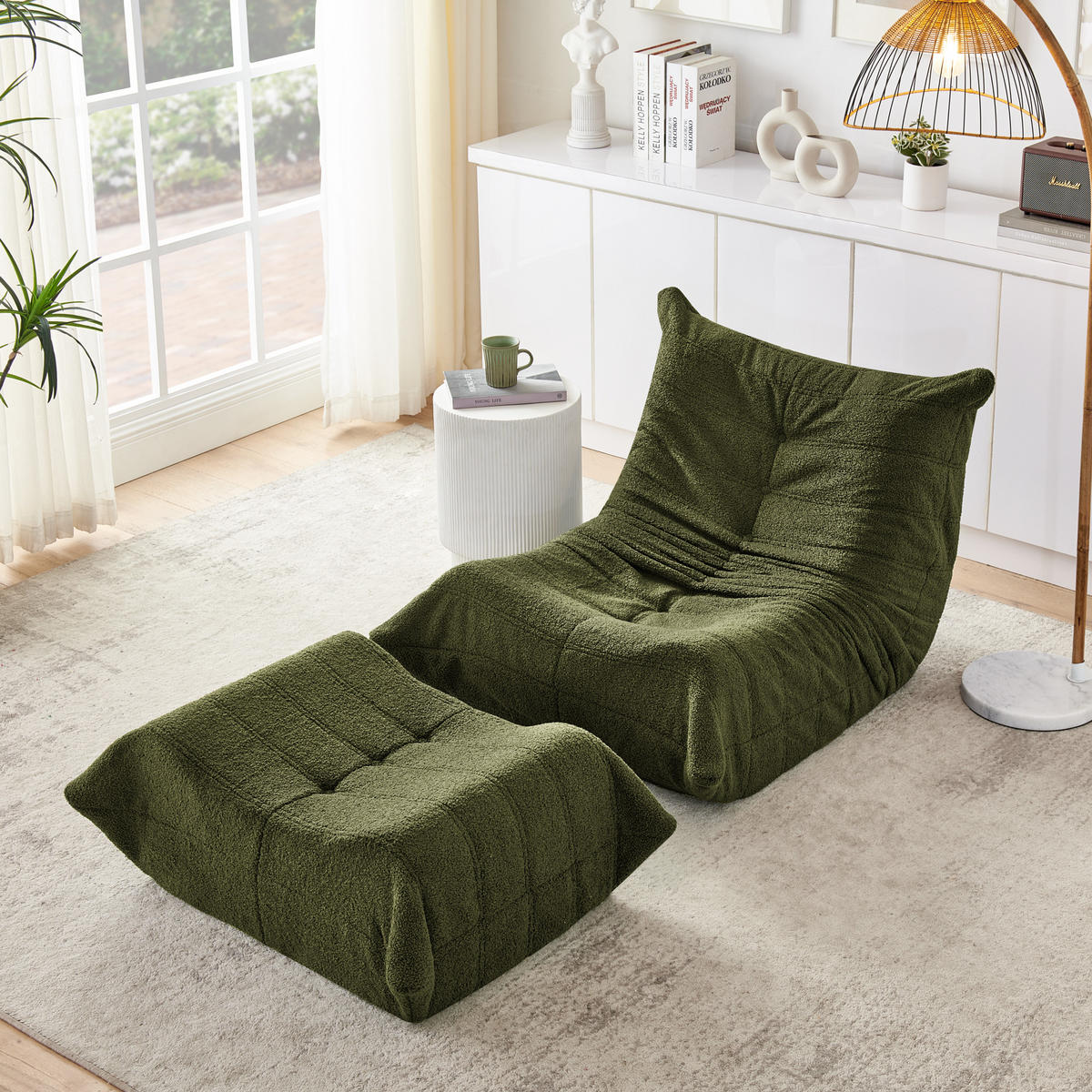 SITZSACK Teddystoff Grün mit Hocker - Grün, Textil (100/70/90cm) - WISHDOR