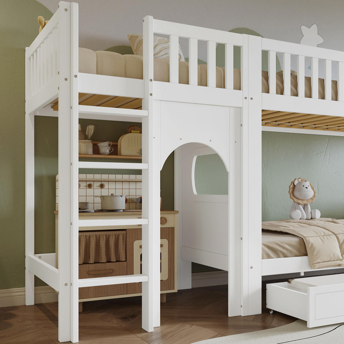 ETAGENBETT 90/200 cm & 90/200 cm in Weiß & Natur Kinderbett mit gerader Leiter und Geländern - Weiß, Holzwerkstoff (90/200cm) - STILVORA
