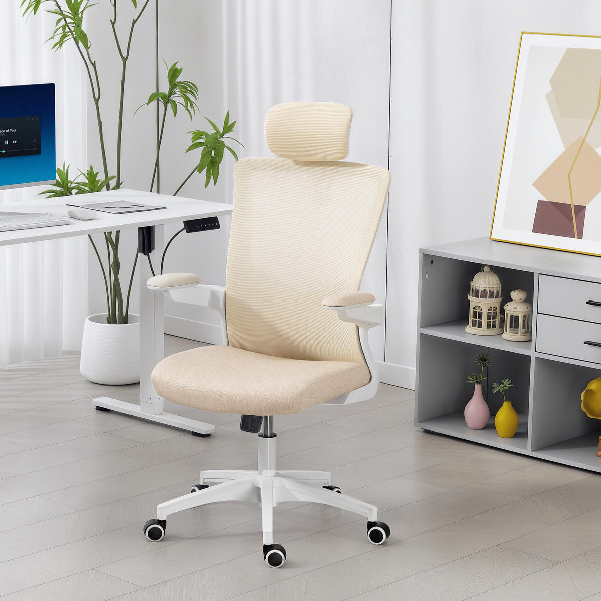 DREHSTUHL DE-11862 mit Lordenstütze & klappbaren Armlehnen Beige - Beige, Textil (60/120/63cm) - ComfortXL