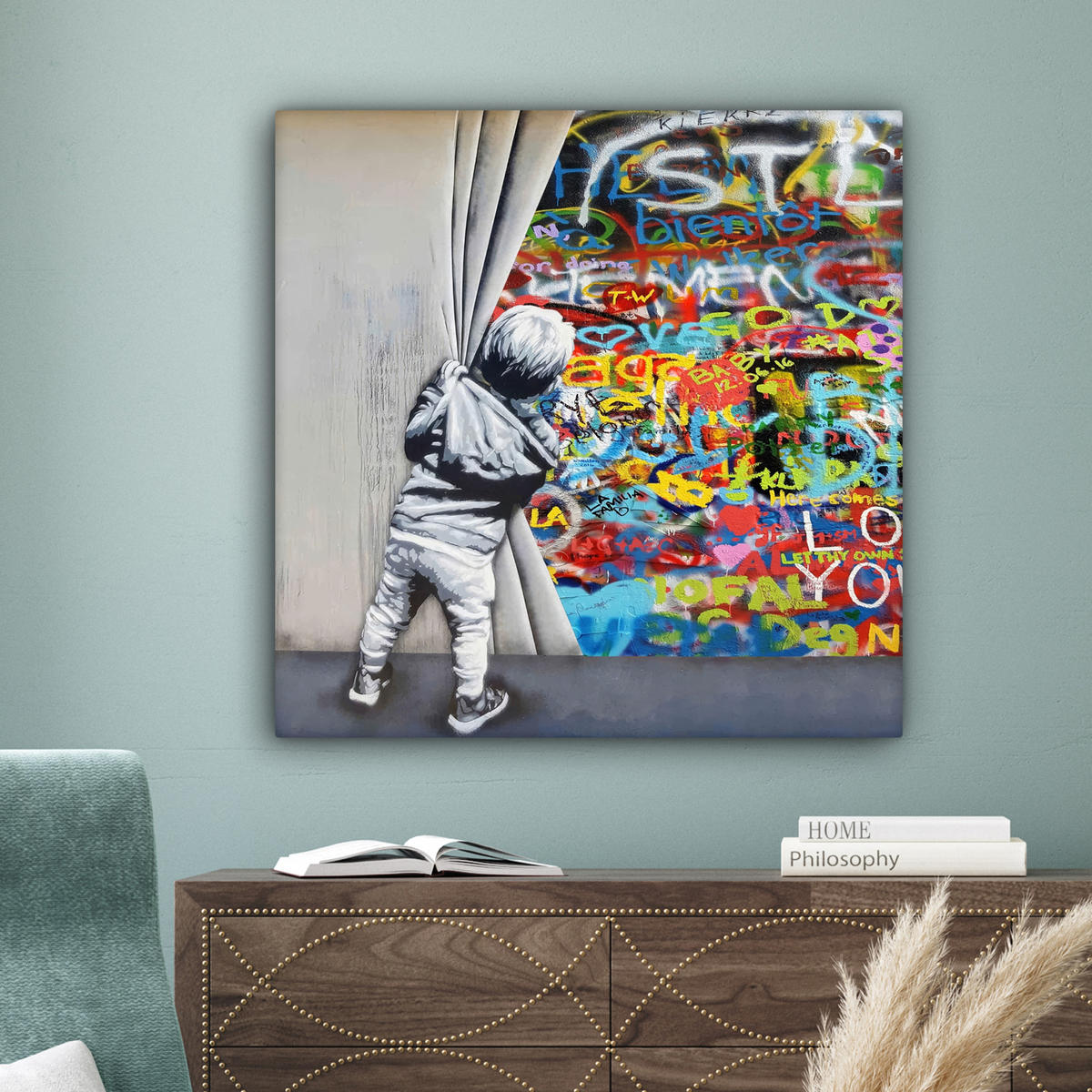 LEINWANDBILD Graffiti - Junge - Ilussie - Straßenkunst Deko Groß 90x90 cm - Hellgrau, Textil (90/90cm) - MuchoWow