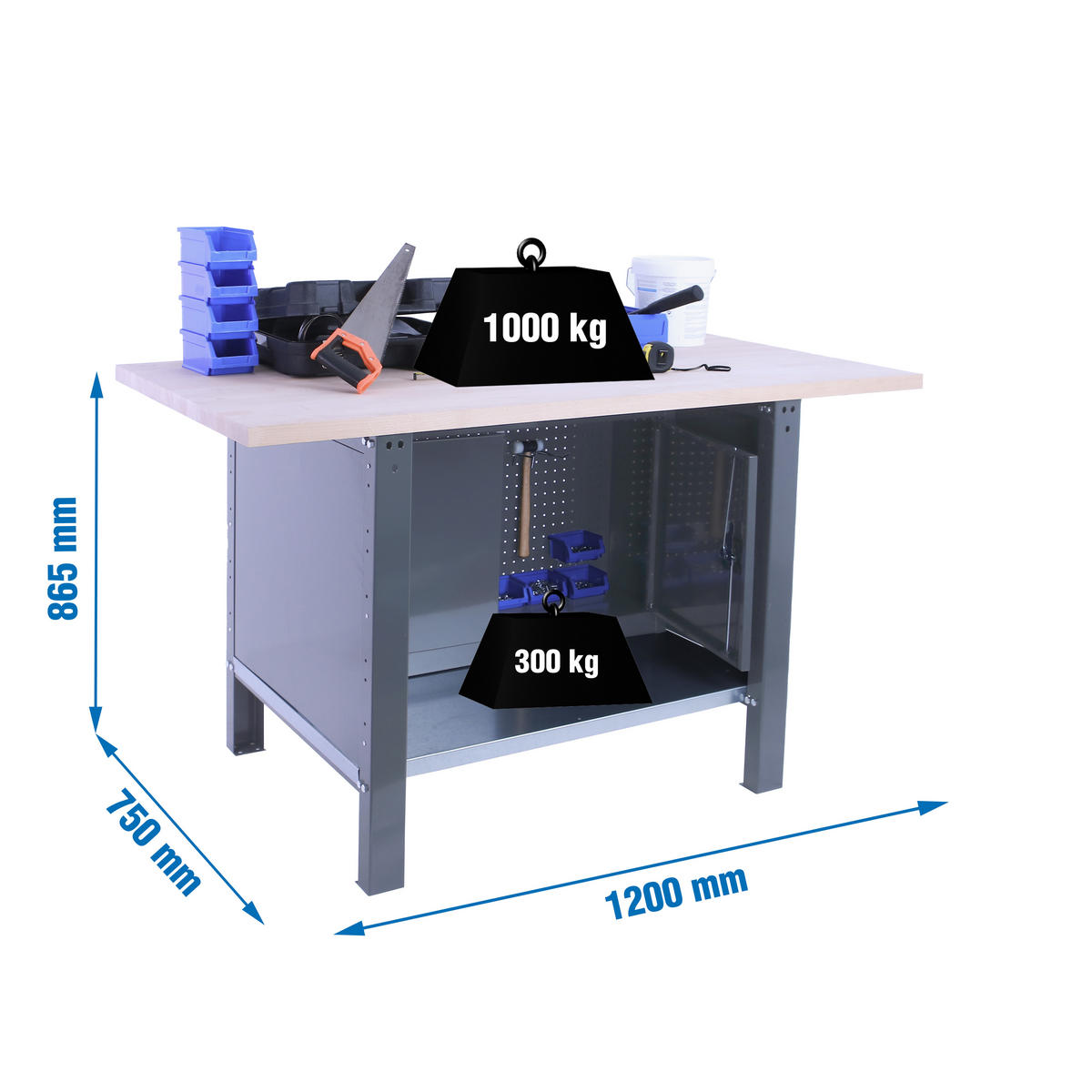 WERKBANK Buffalo Wood mit Schrank HxBxT 86,5 x 120 x 75 cm Traglast 1000 kg Grau - Grau, Metall (120/86.5/75cm) - PROREGAL