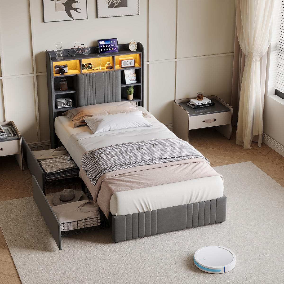 EINZELBETT 90/200 cm Grau mit Schubladen und LED-Beleuchtung - Grau, Holz (90/200cm) - SHOPENTRA