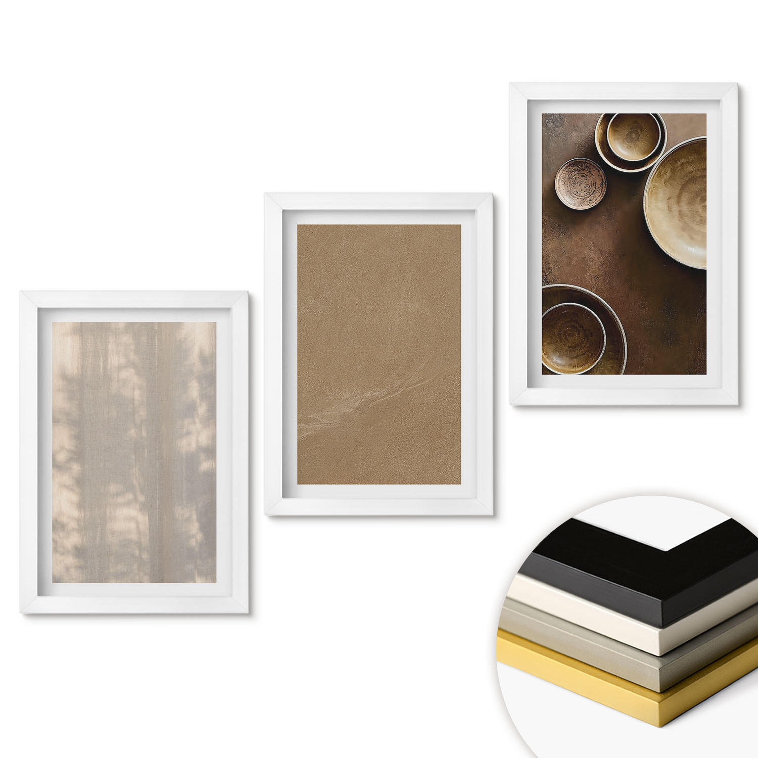 WANDBILDER 3er-Set - 20x30 cm Weißer Rahmen - Minimalistische Texturstrukturen - Weiß, Kunststoff (20/30cm) - ArtPrintCave