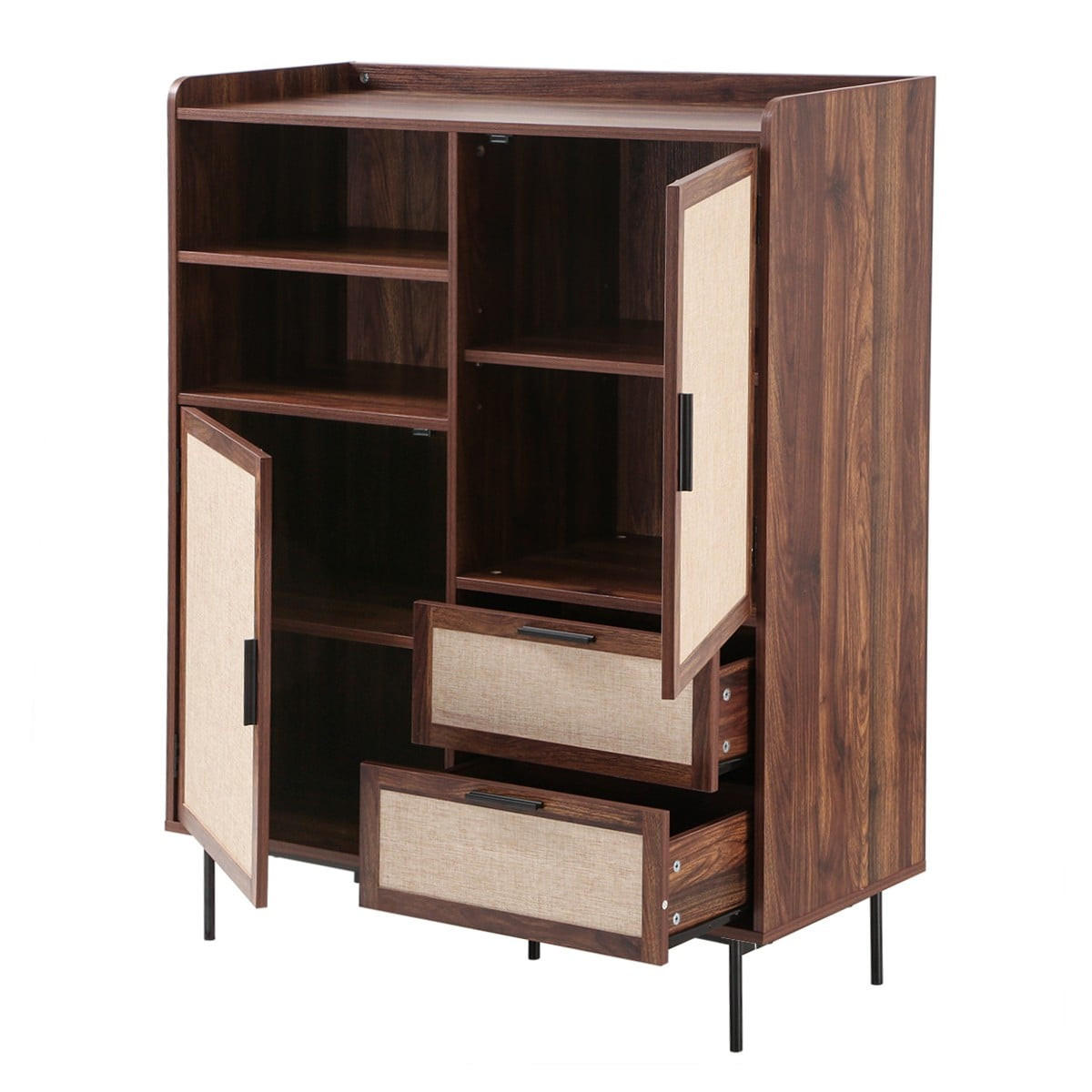 HIGHBOARD 2 Türen 2 Schubladen aus Textil und Walnuss-Dekor 80/120/40 cm - Nussbaumfarben, Holzwerkstoff (39.5/120/47cm) - Calicosy