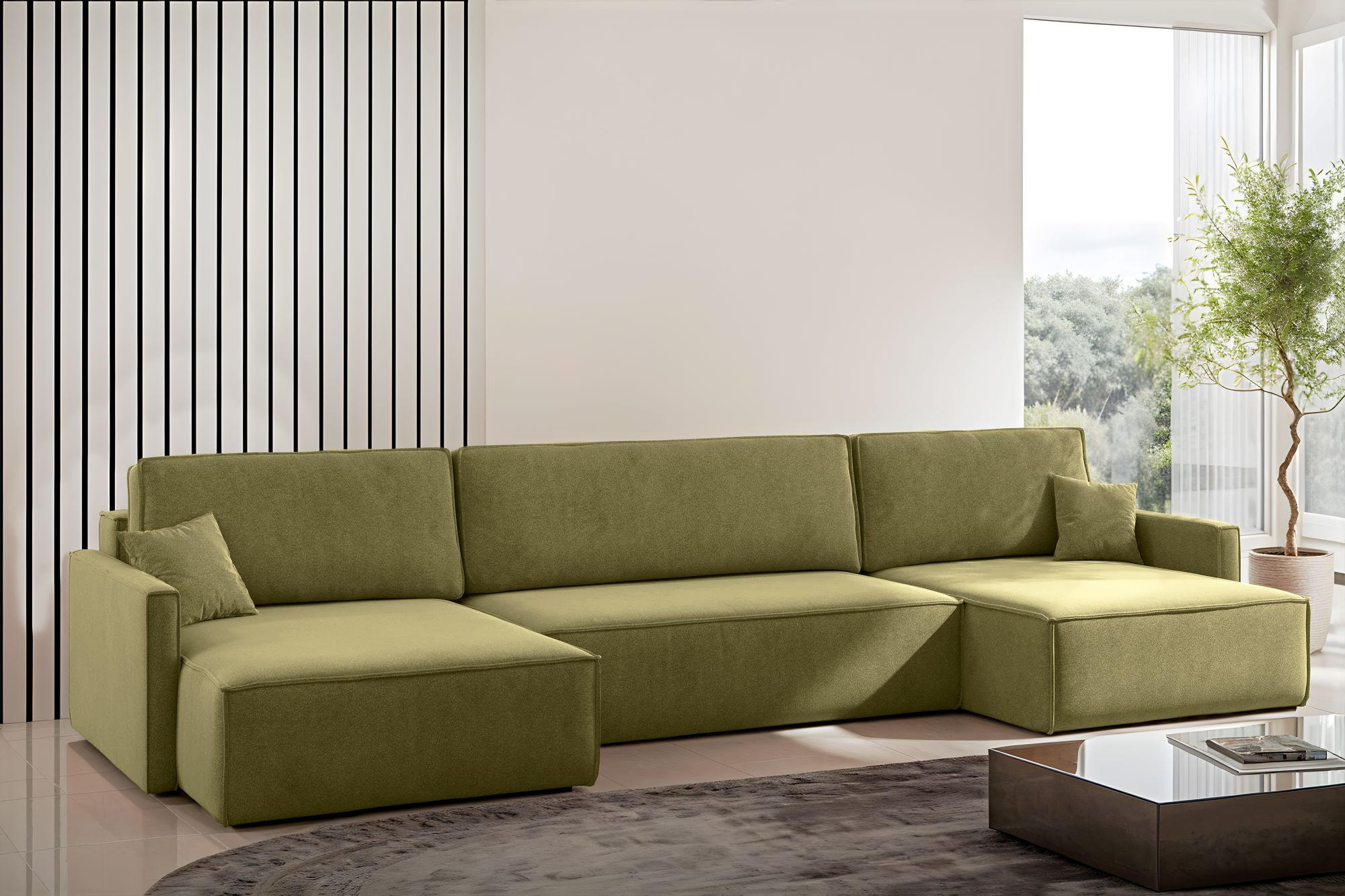 ECKSOFA Carlos U-Form Mit Schlaffunktion Und Bettkasten Stoff Salvador Olive - Olivgrün, Holz (348/142cm) - Kaiser Möbel