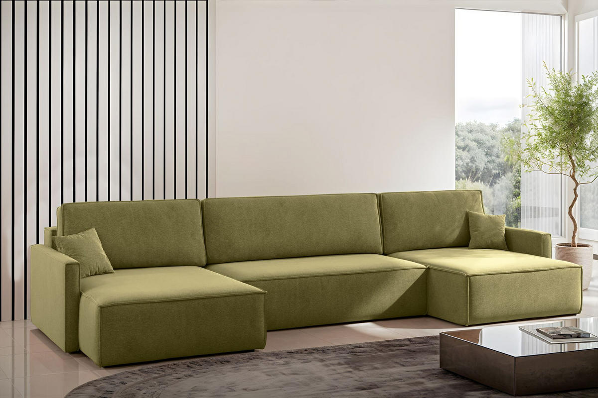 ECKSOFA Carlos U-Form Mit Schlaffunktion Und Bettkasten Stoff Salvador Olive - Olivgrün, Holz (348/142cm) - Kaiser Möbel