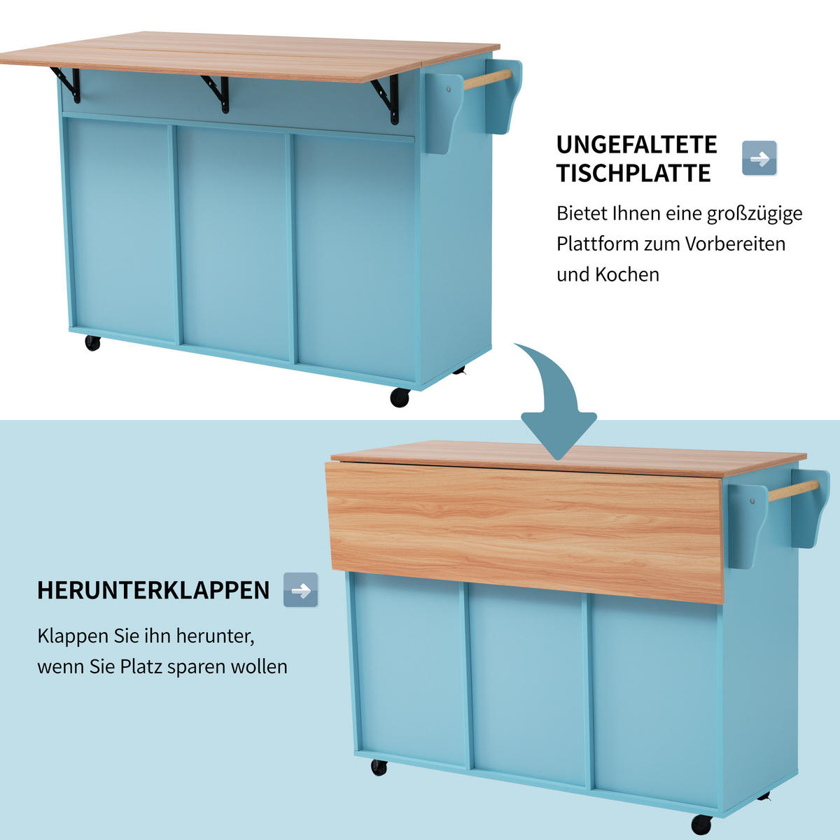 KÜCHENINSEL 129/71/91,5 cm Blau mit 2 Schubladen, Klappbarer Arbeitsplatte, 5 Universalrädern und Massivholzfüßen - Blau, Holz/Holzwerkstoff (120/91.5/46cm) - Oxeza