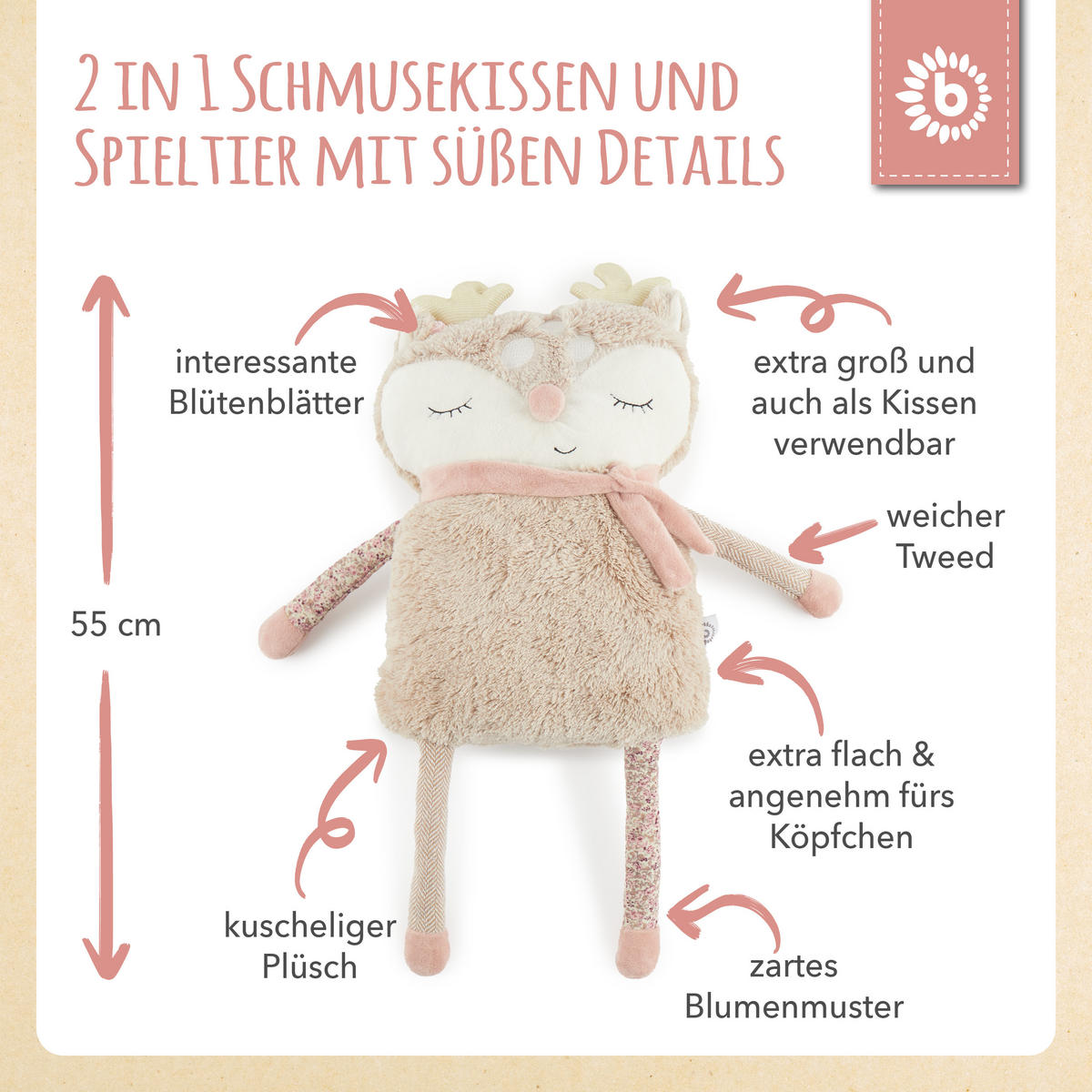 KUSCHELTIER Plüsch Großes Reh - ab Gebur - Rosa, Textil (25/55cm) - Bieco Spielwaren