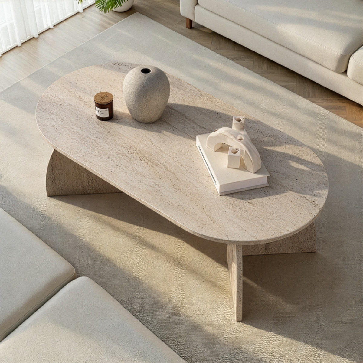 COUCHTISCH mit ovaler Tischplatte und geschwungenen Beinen 120/60/40 cm - Beige, Holzwerkstoff (6.8/60/40cm) - Calicosy