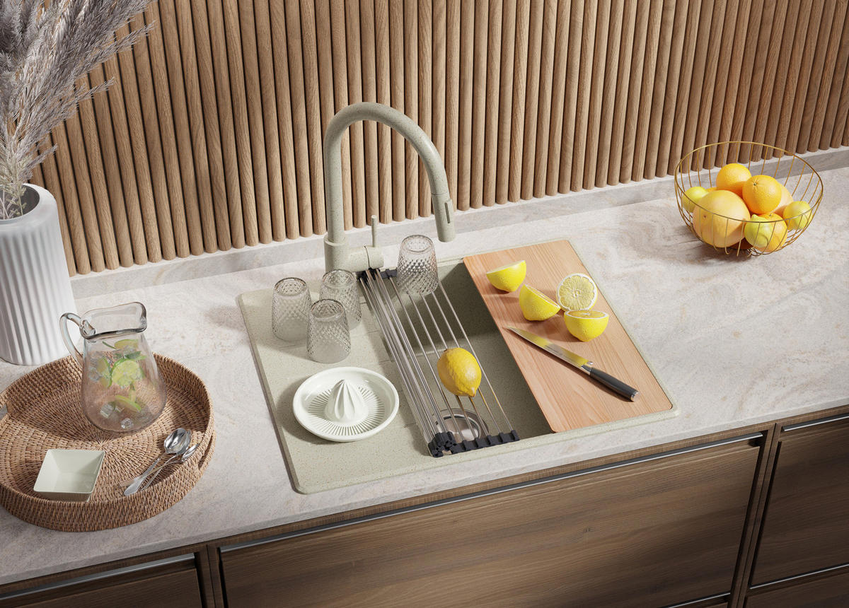 SPÜLBECKEN Kopenhagen, 2-er set Beige 62/50 cm 1 Becken + Ablauf-Set + Schneidebrett ab 50er Unterschrank - Beige, Kunststoff (62/20/50cm) - Primagran