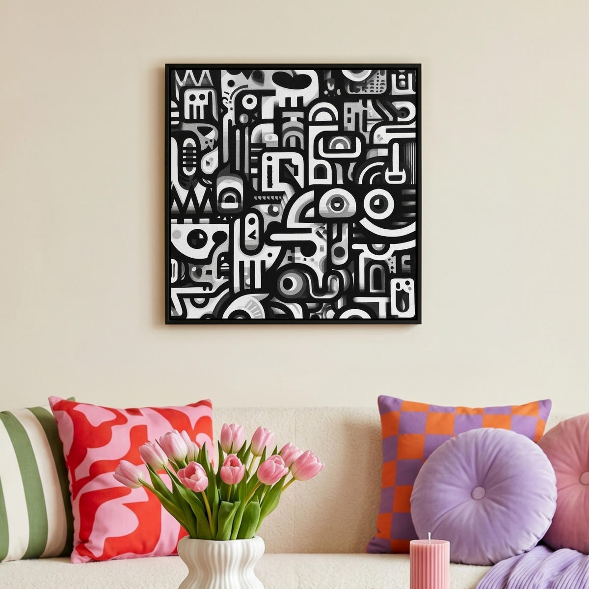 LEINWAND Bilder mit Rahmen - Symbole - Abstrakt - Grafik - Schwarz - 50x50 - Schwarz, Textil (50/50cm) - MuchoWow
