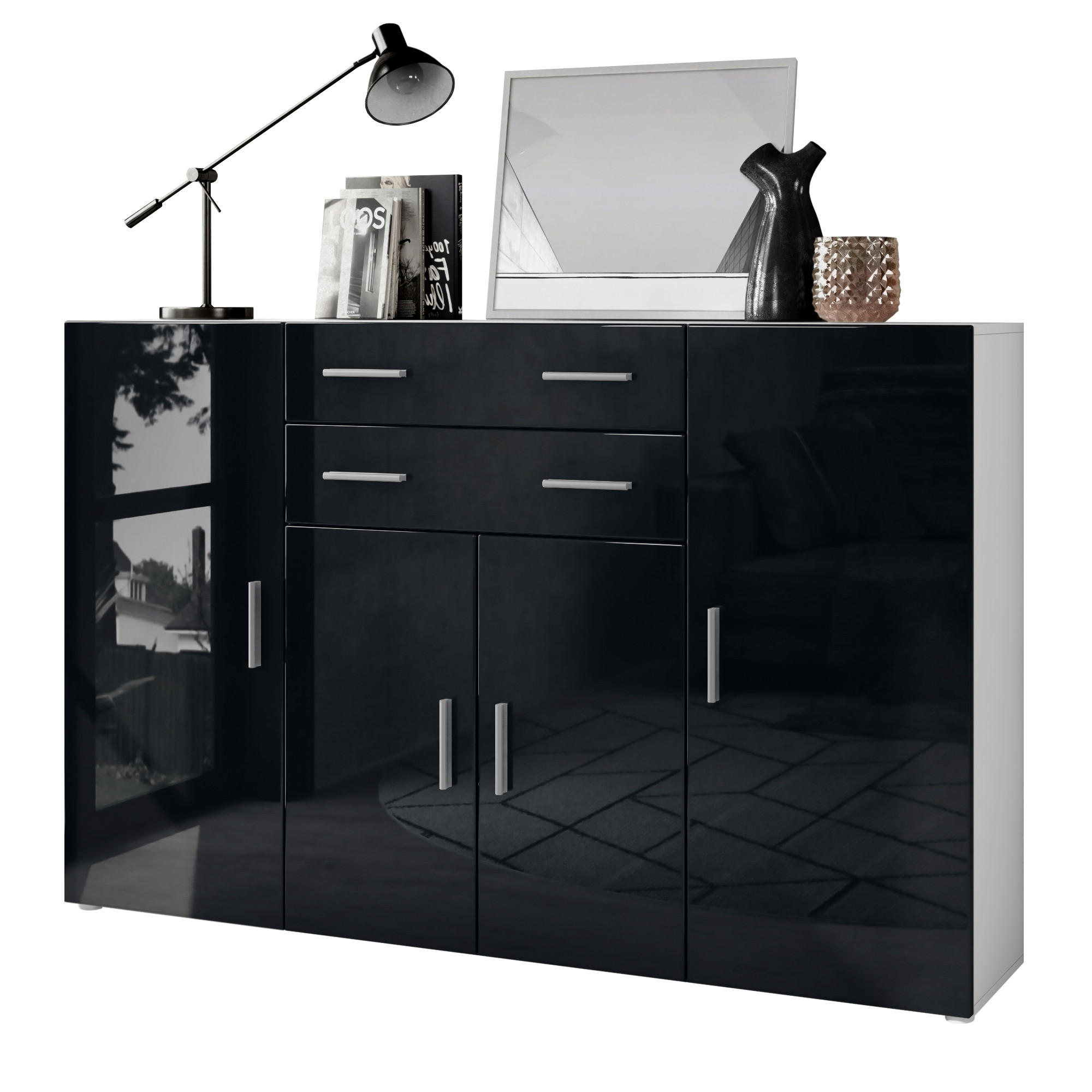 Vladon Highboard Schwarz Hochglanz 166.5x106.5x35 cm