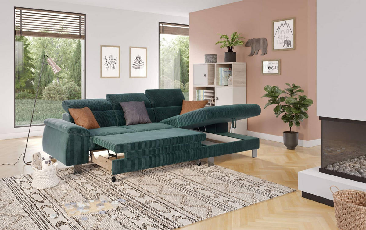 ECKSCHLAFSOFA mit Bettkasten – Cord-Stoff - Chromfarben/Salbeigrün, Holz/Textil (166/244cm) - Cotta