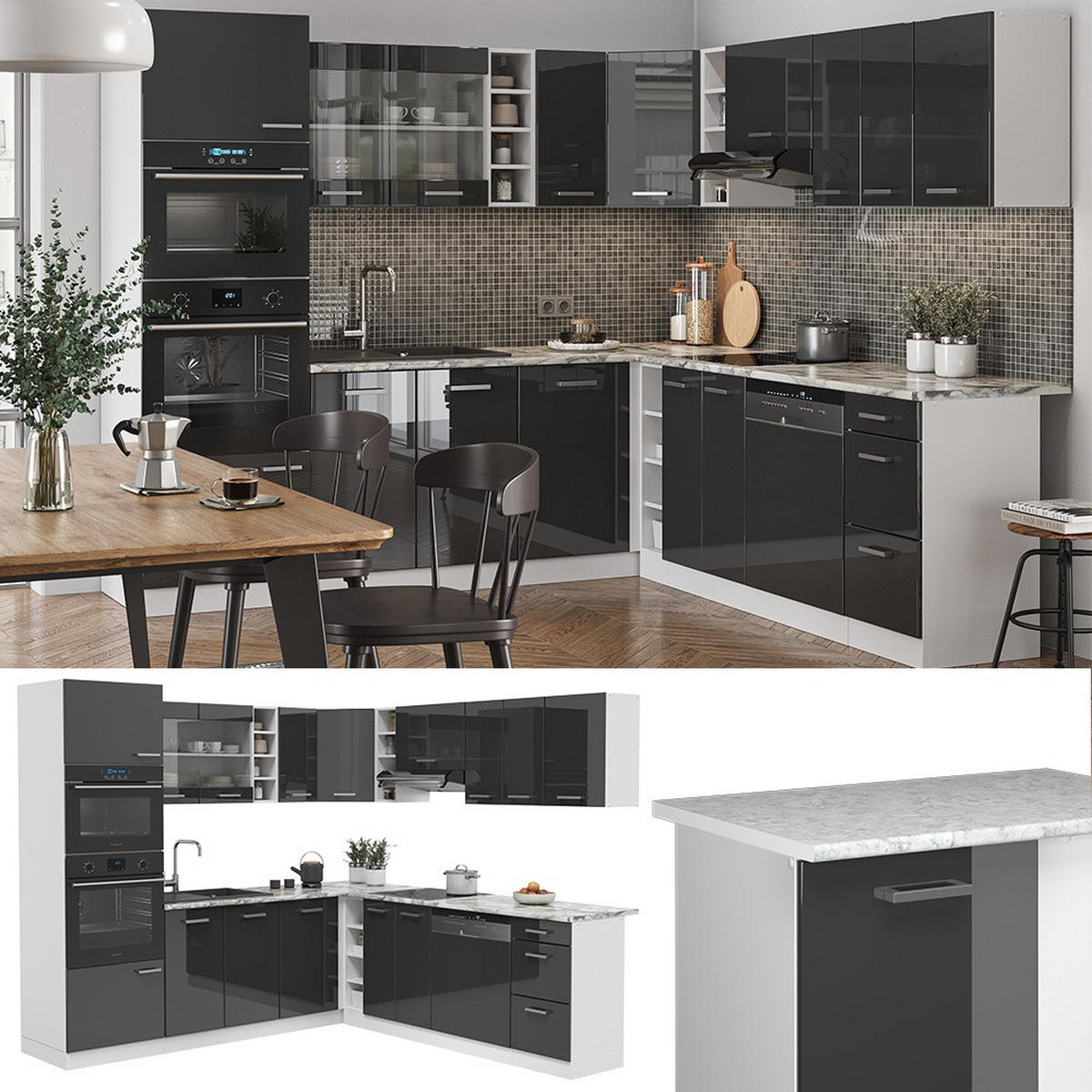 HÖRNKÖK R-Line, Antracit högblank/Vit, 247 x 237 cm, AP Antracit - Vit/Svart högglans, Träbaserade material (247/206.8/60cm) - Vicco